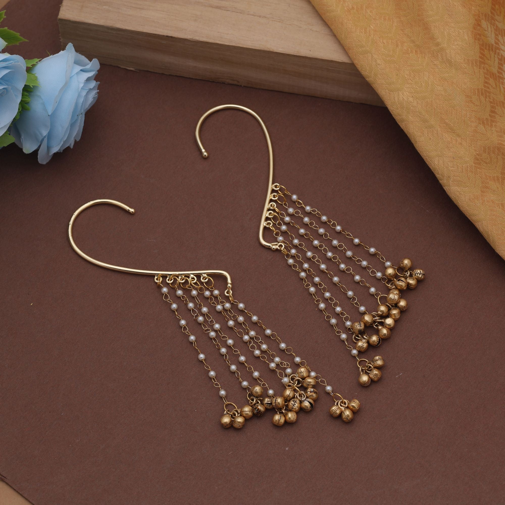 Gold Color Amrapali Earrings Ear Cuff With Antique Finish For Festive Styling