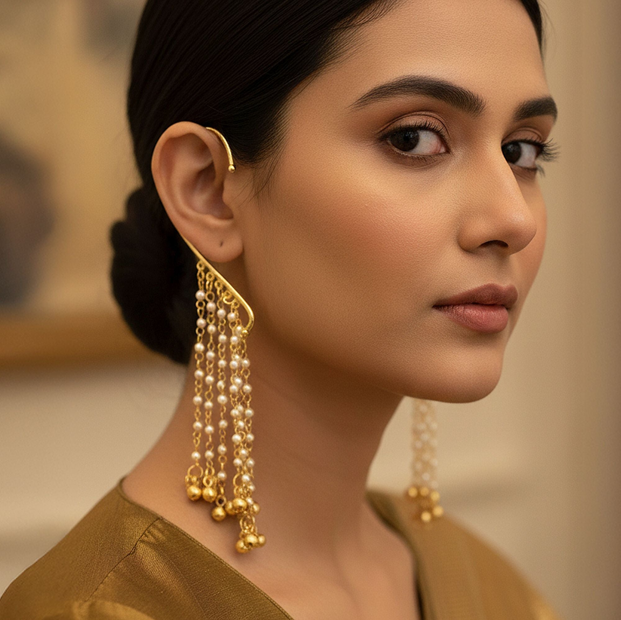 Gold Color Amrapali Earrings Ear Cuff With Antique Finish For Festive Styling