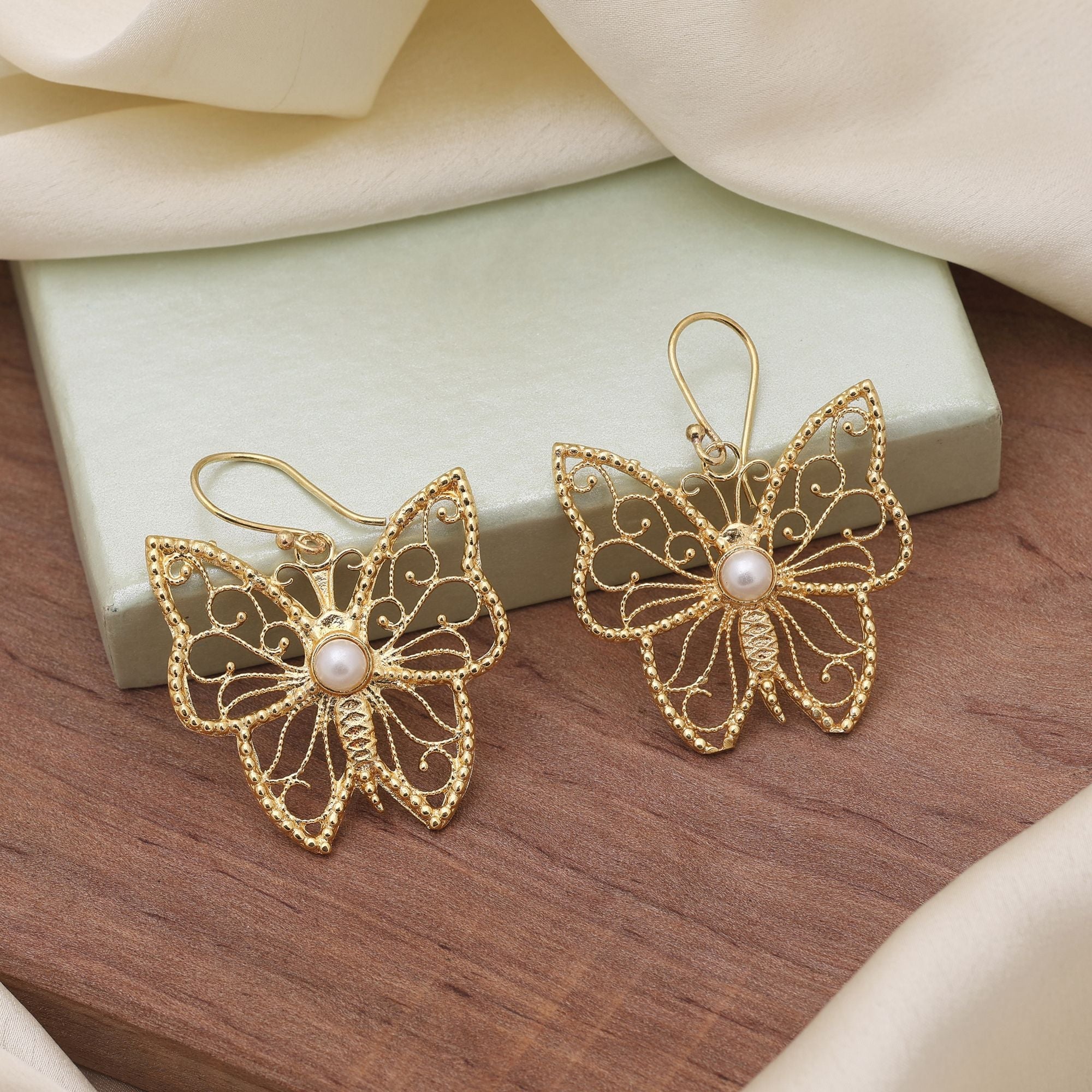 Gold Color Butterfly Amrapali Earrings Featuring Artistic Design And Antique Gold Finish