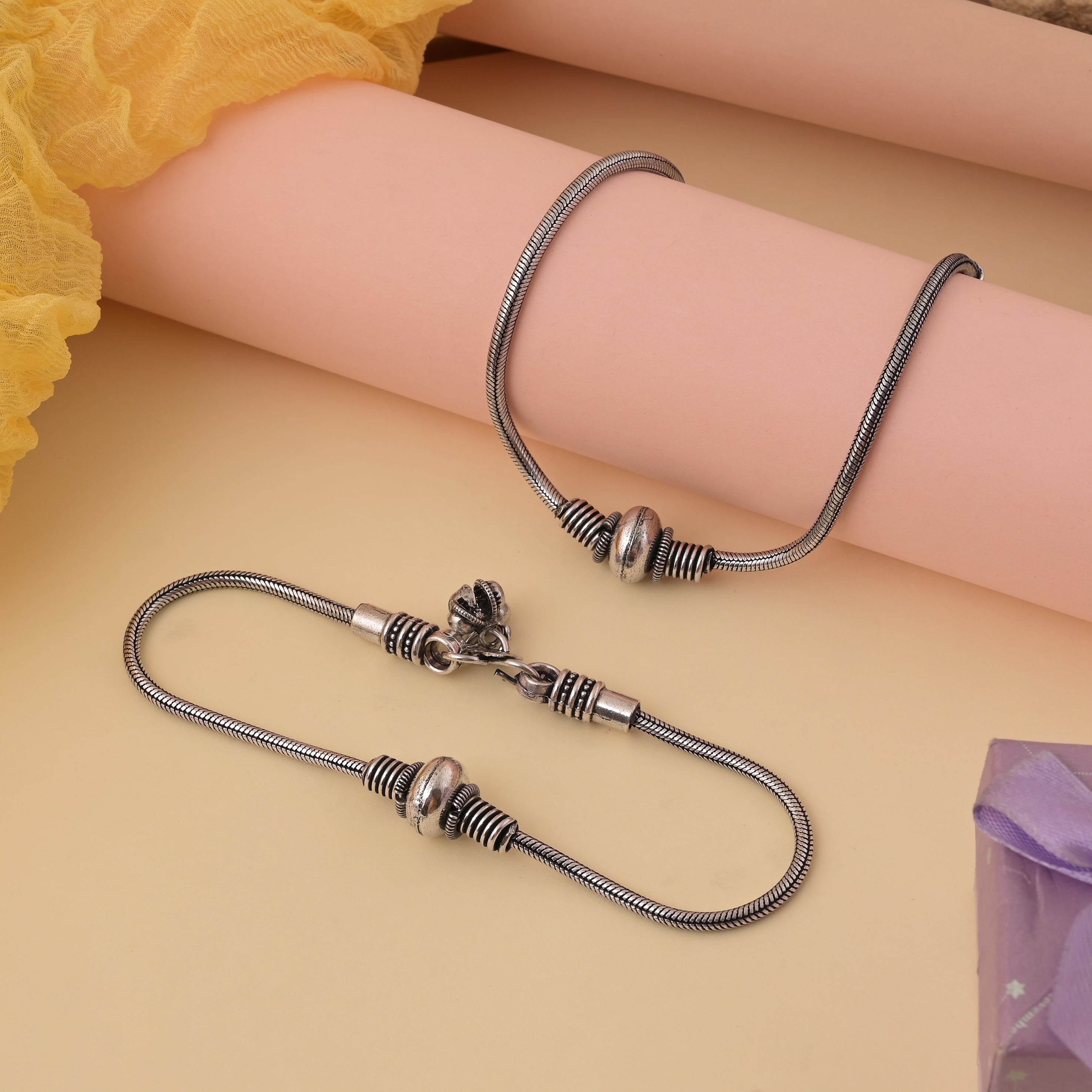 Adjustable Silver Color Oxidised Anklet With Antique Finish And Tribal Charm