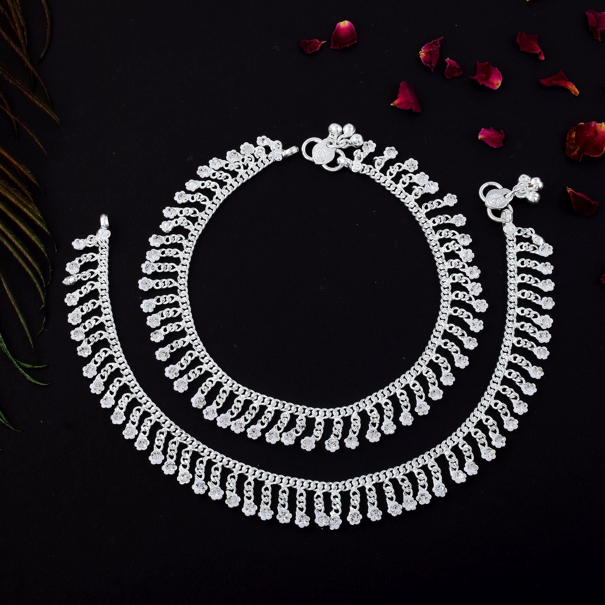 Beautiful Silver Color Anklets Designed with Traditional Indian Artistic Craft for Wedding Events