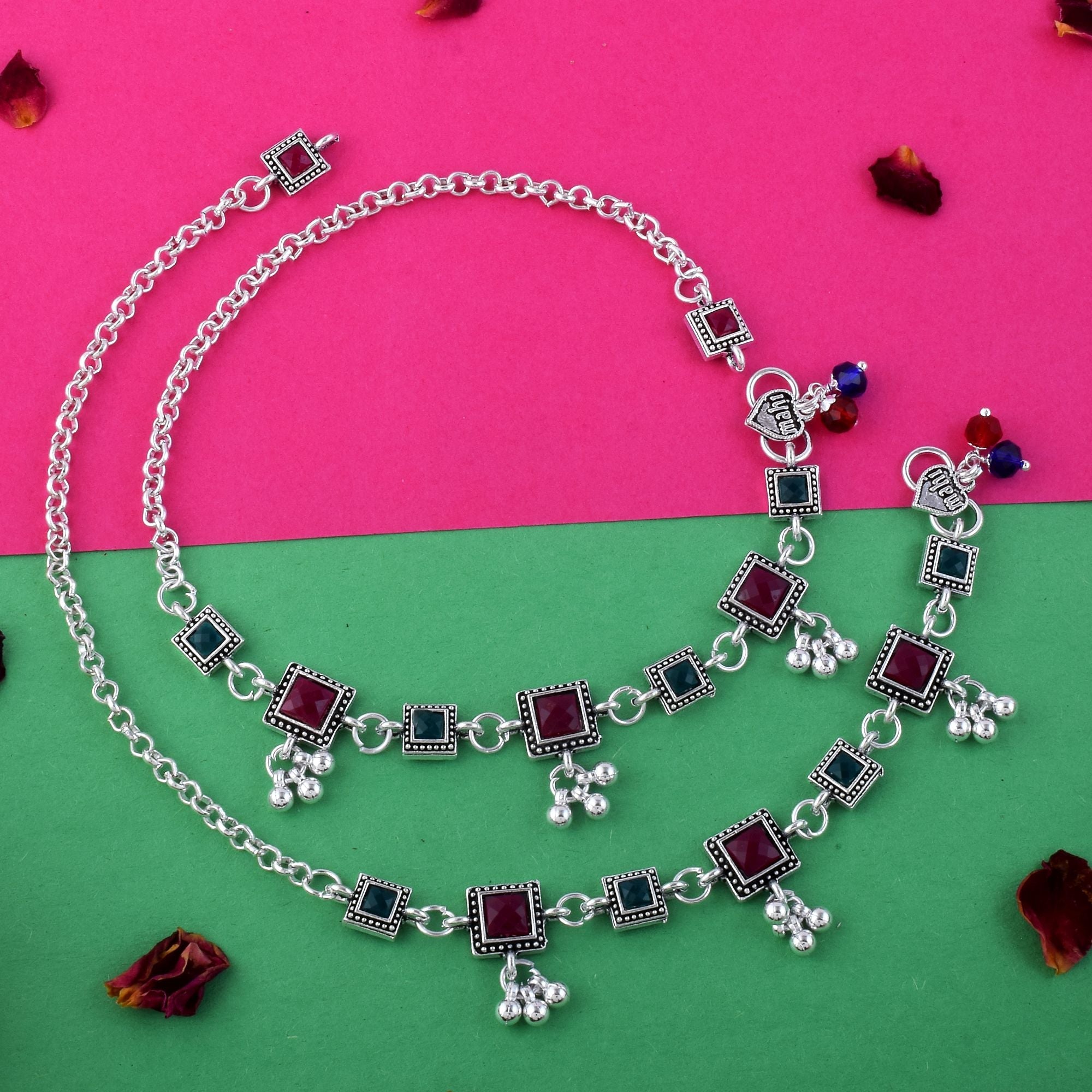 Stylish Maroon And Green Color Oxidised Anklet Perfect For Women’S Traditional Wear And Festivals