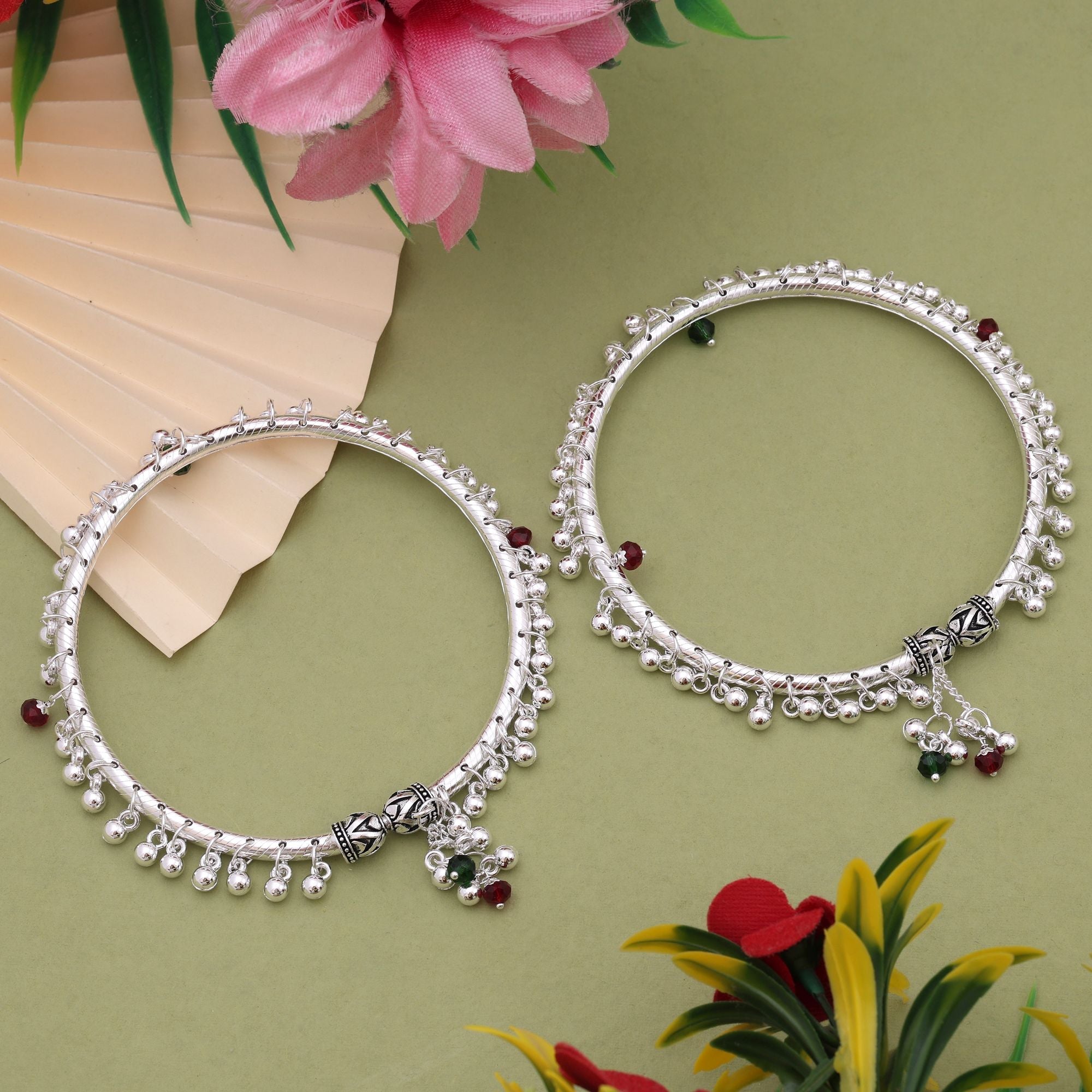 Exclusive Maroon & Green Color Oxidised Anklet With Antique Ethnic Rajputi Jewellery Design