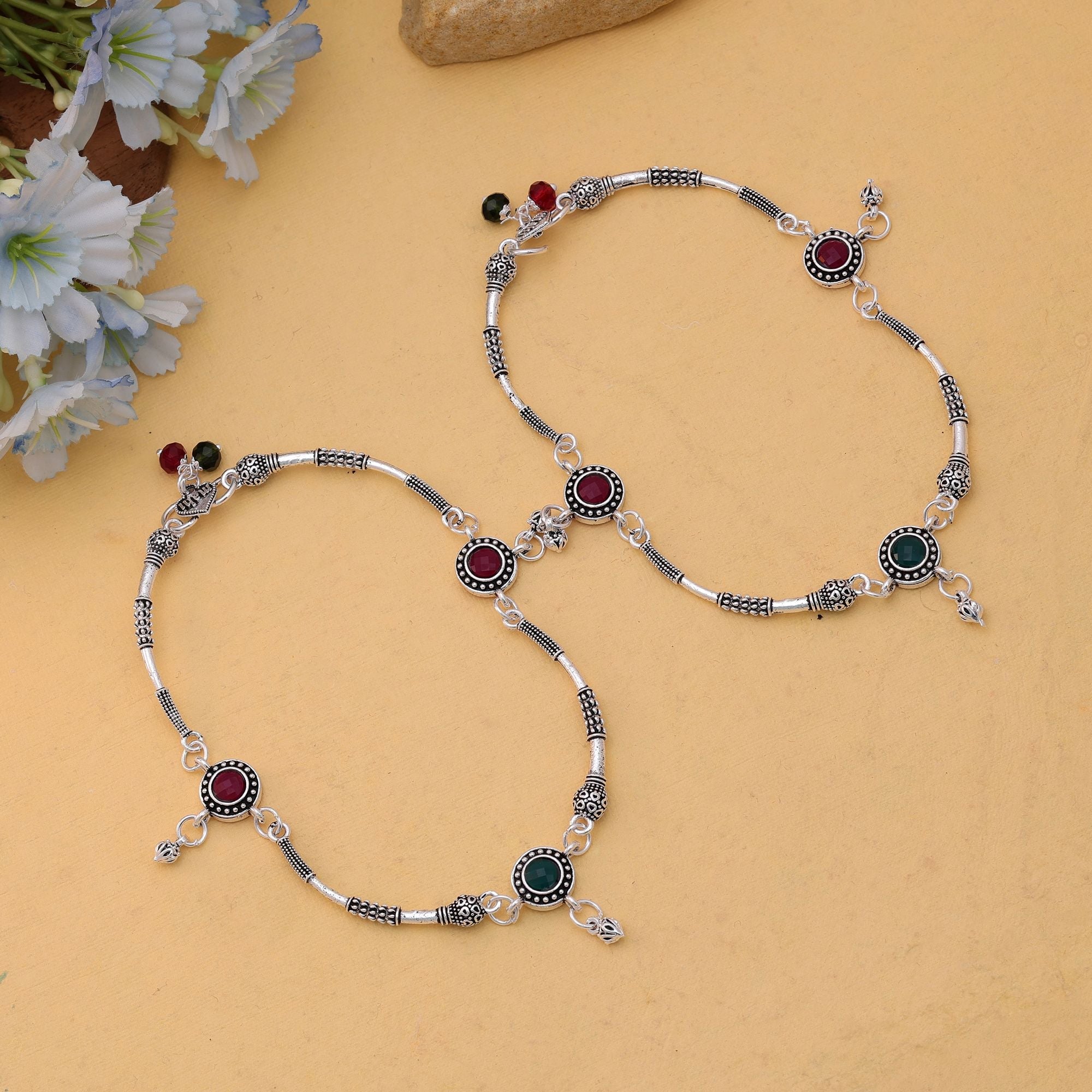 Maroon & Green Oxidised Anklet