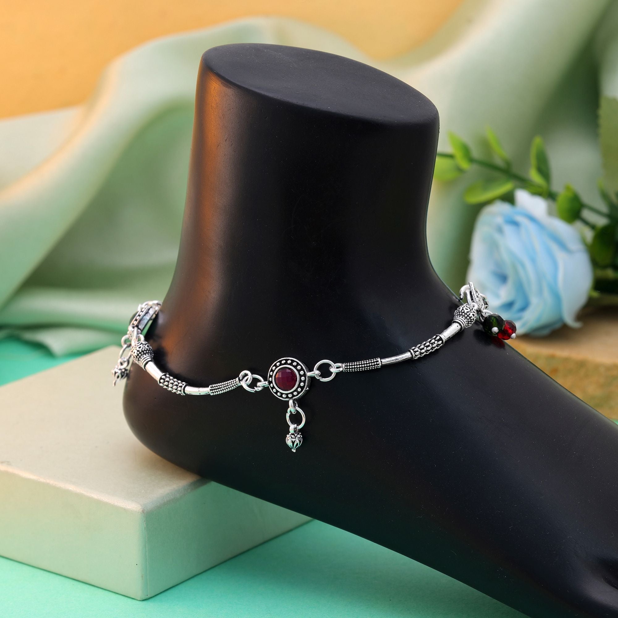 Maroon & Green Oxidised Anklet