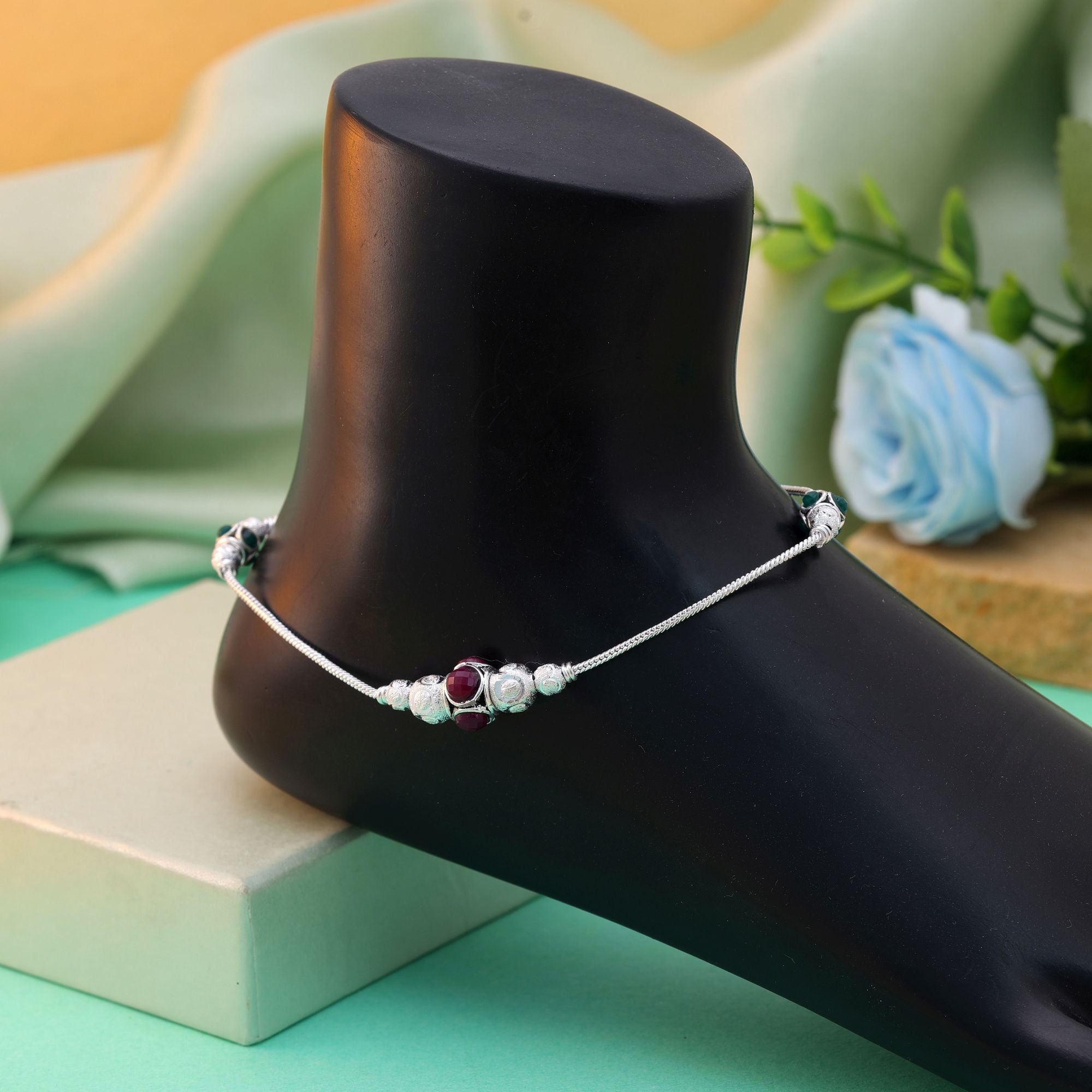 Maroon & Green Oxidised Anklet - Designer