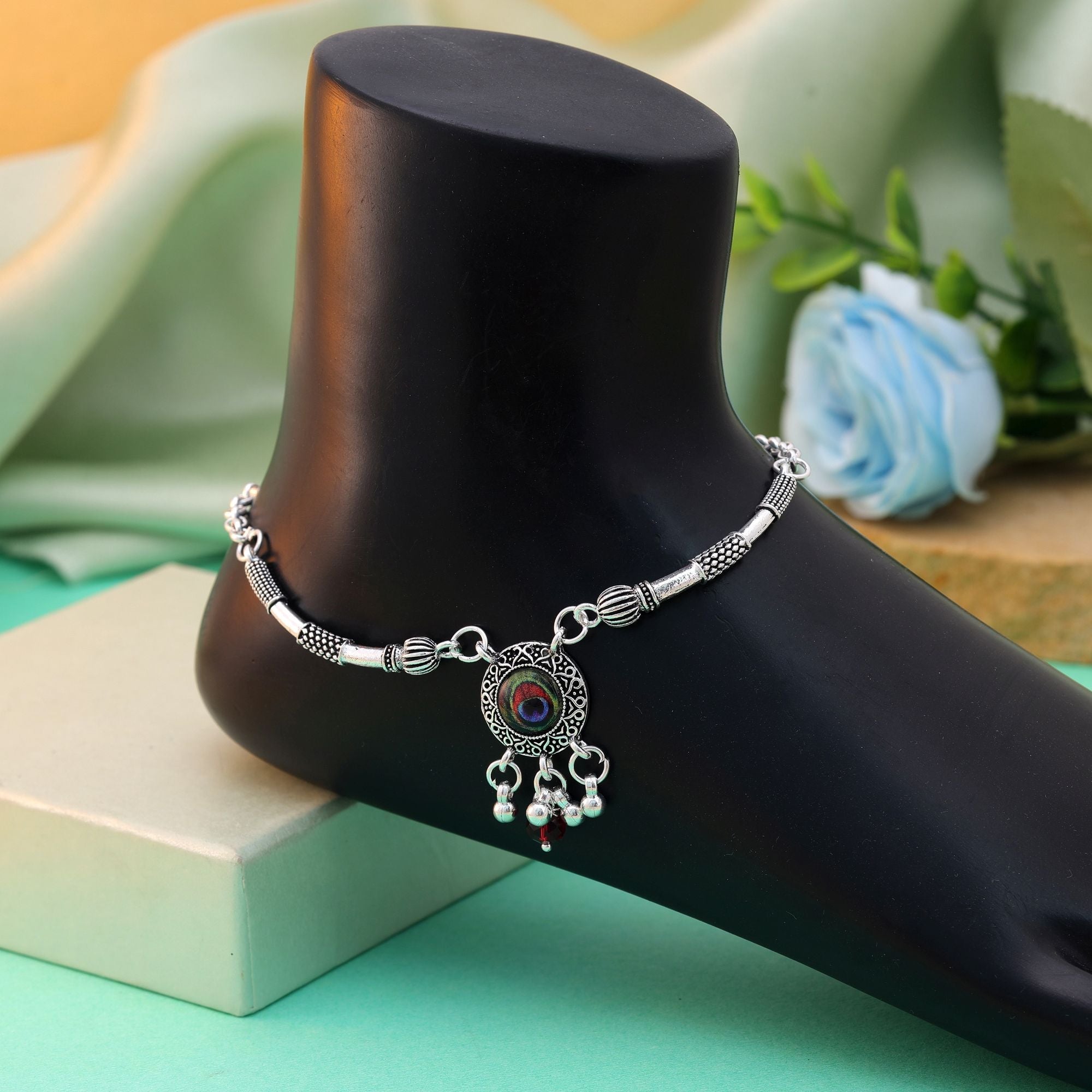 Peacock Multi-Color Oxidised Anklet