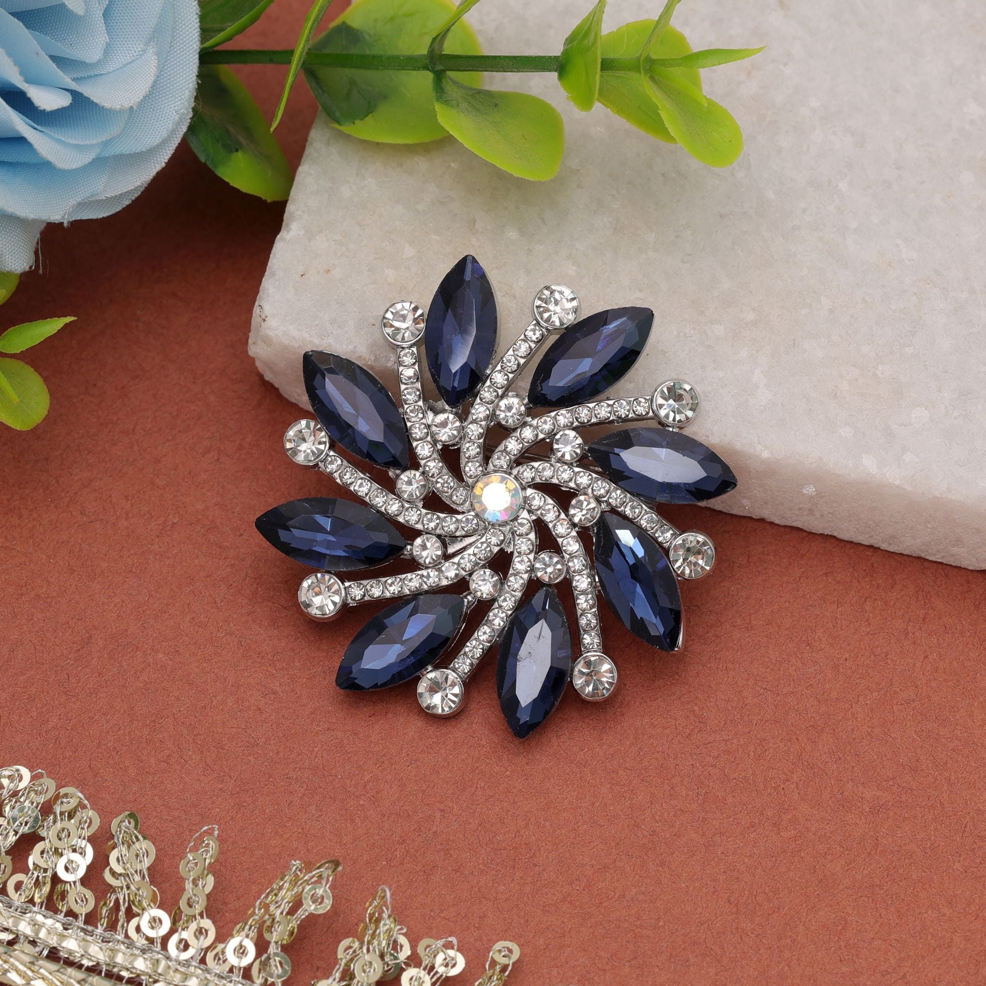 Blue Color Floral Design Brooch Stylish Accessory