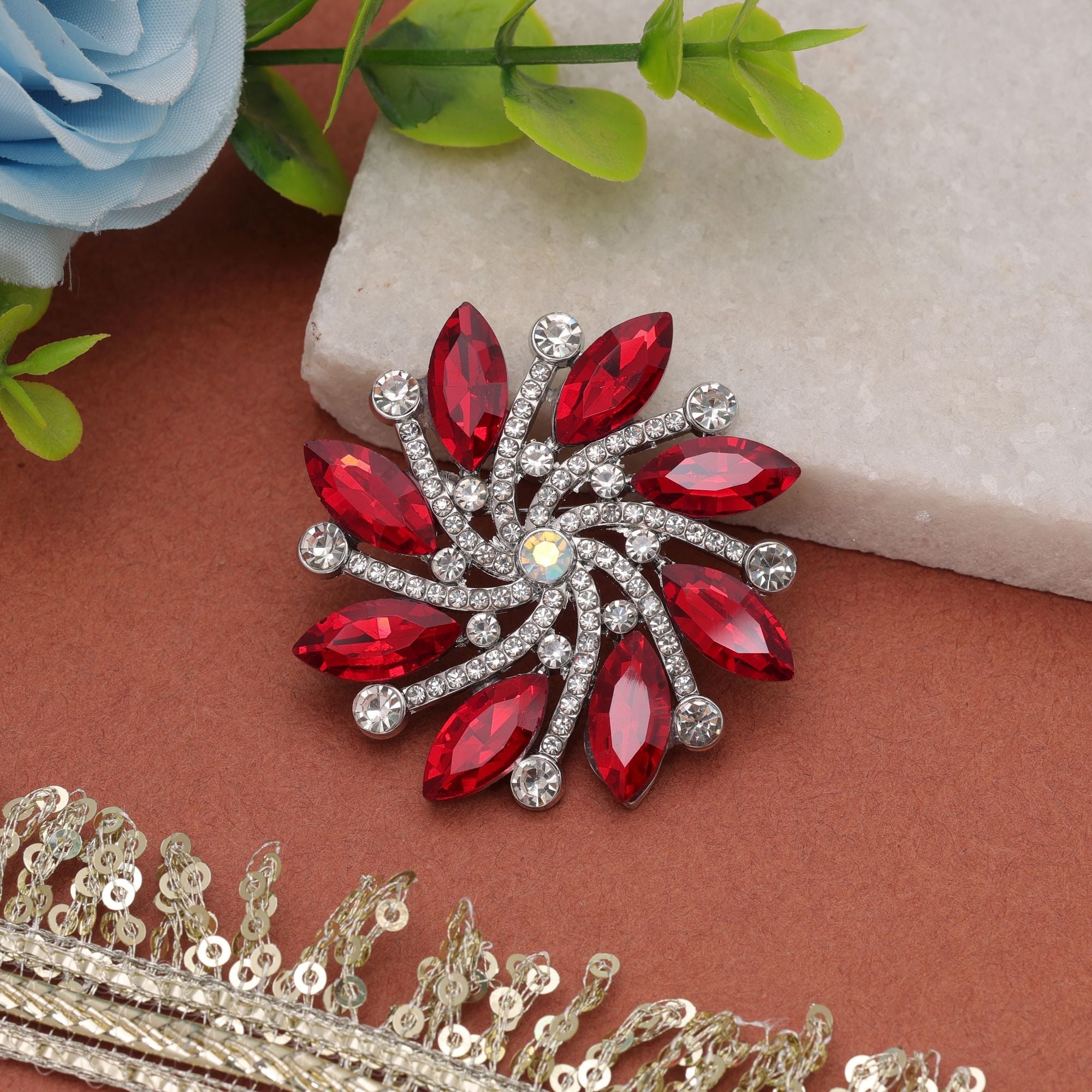Red Color Floral Design Brooch Premium Designer Look