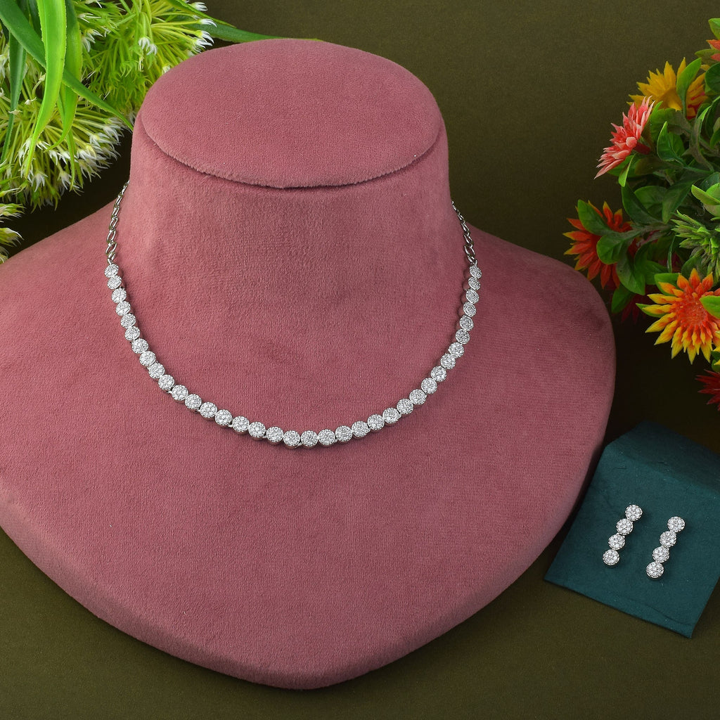 Silver Color American Diamond Necklace Set With Pearl-Like Embellishments