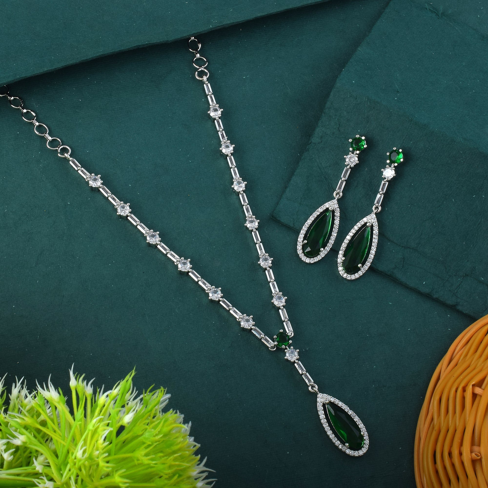 Green Color American Diamond Necklace Set In Royal Heritage Inspired Style