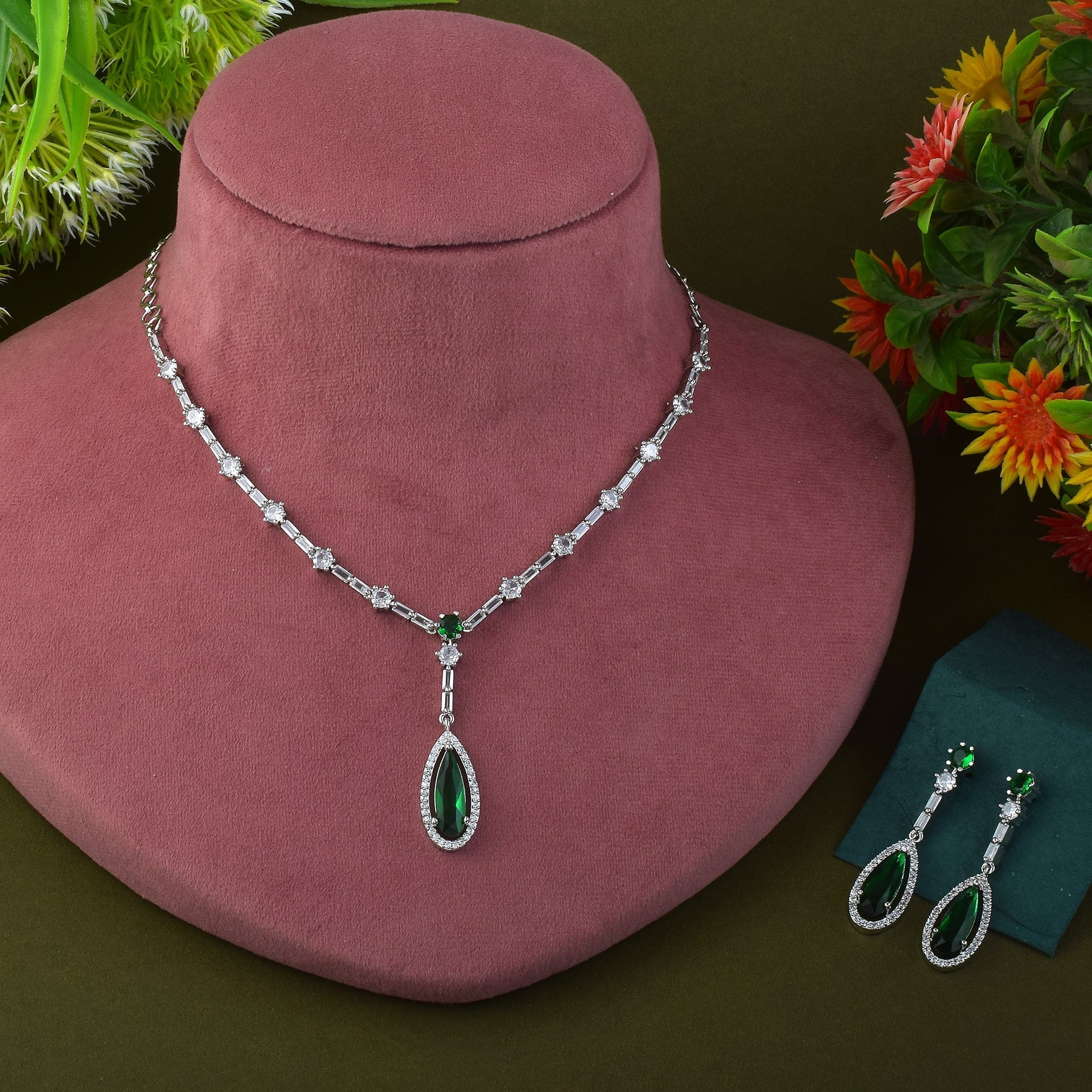 Green Color American Diamond Necklace Set In Royal Heritage Inspired Style