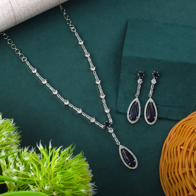 Purple Color American Diamond Necklace Set Featuring Intricate Beaded Details