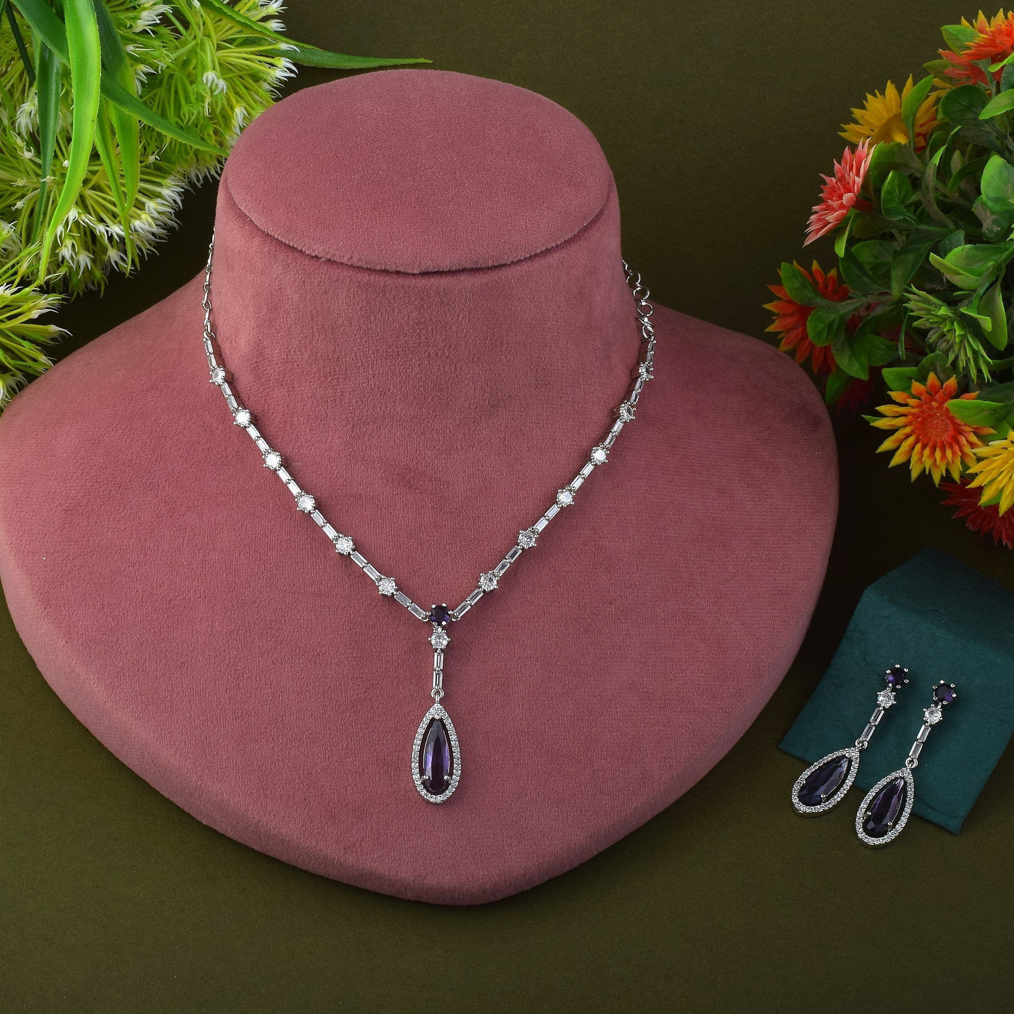 Purple Color American Diamond Necklace Set Featuring Intricate Beaded Details