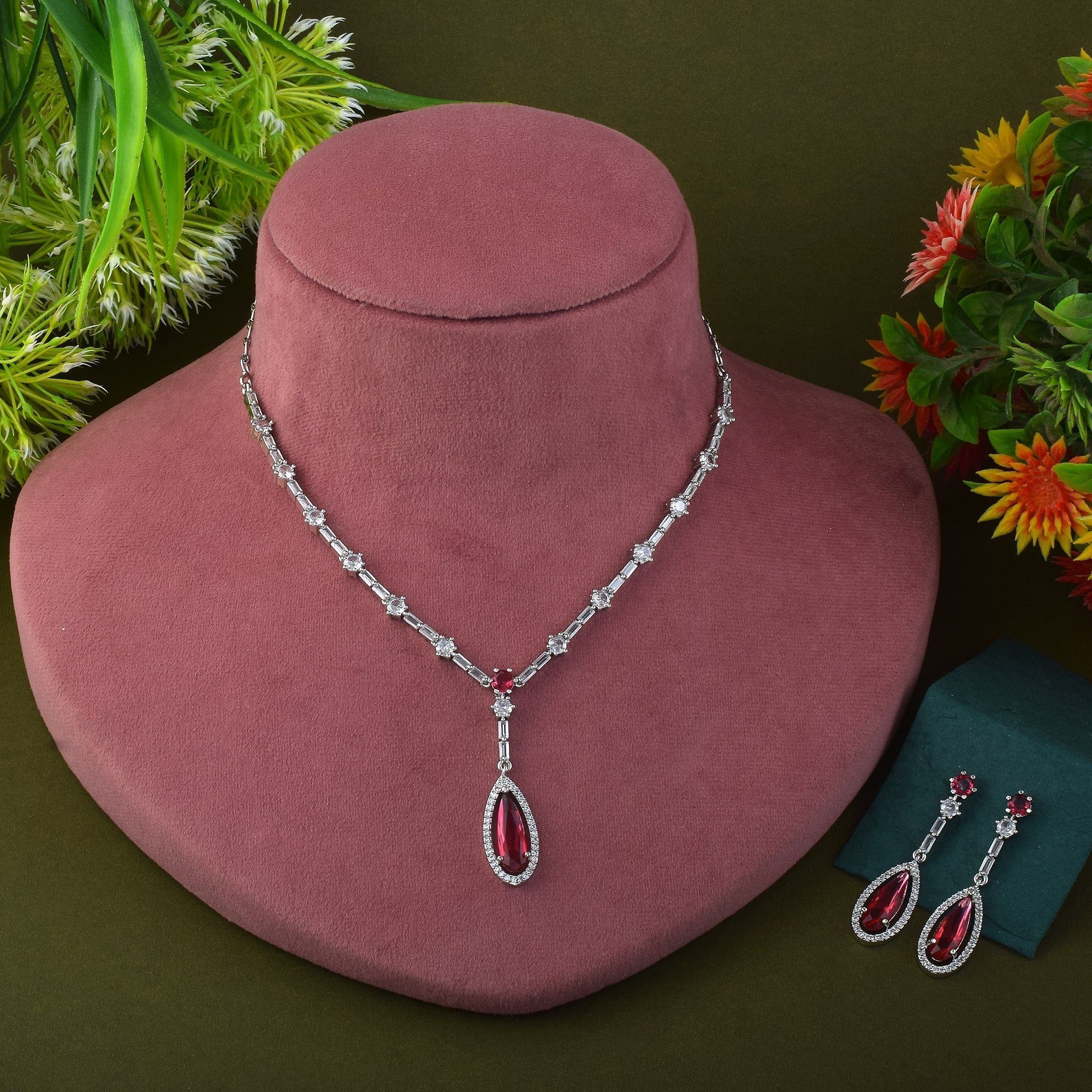 Ruby Color American Diamond Necklace Set With Floral Cluster Arrangement