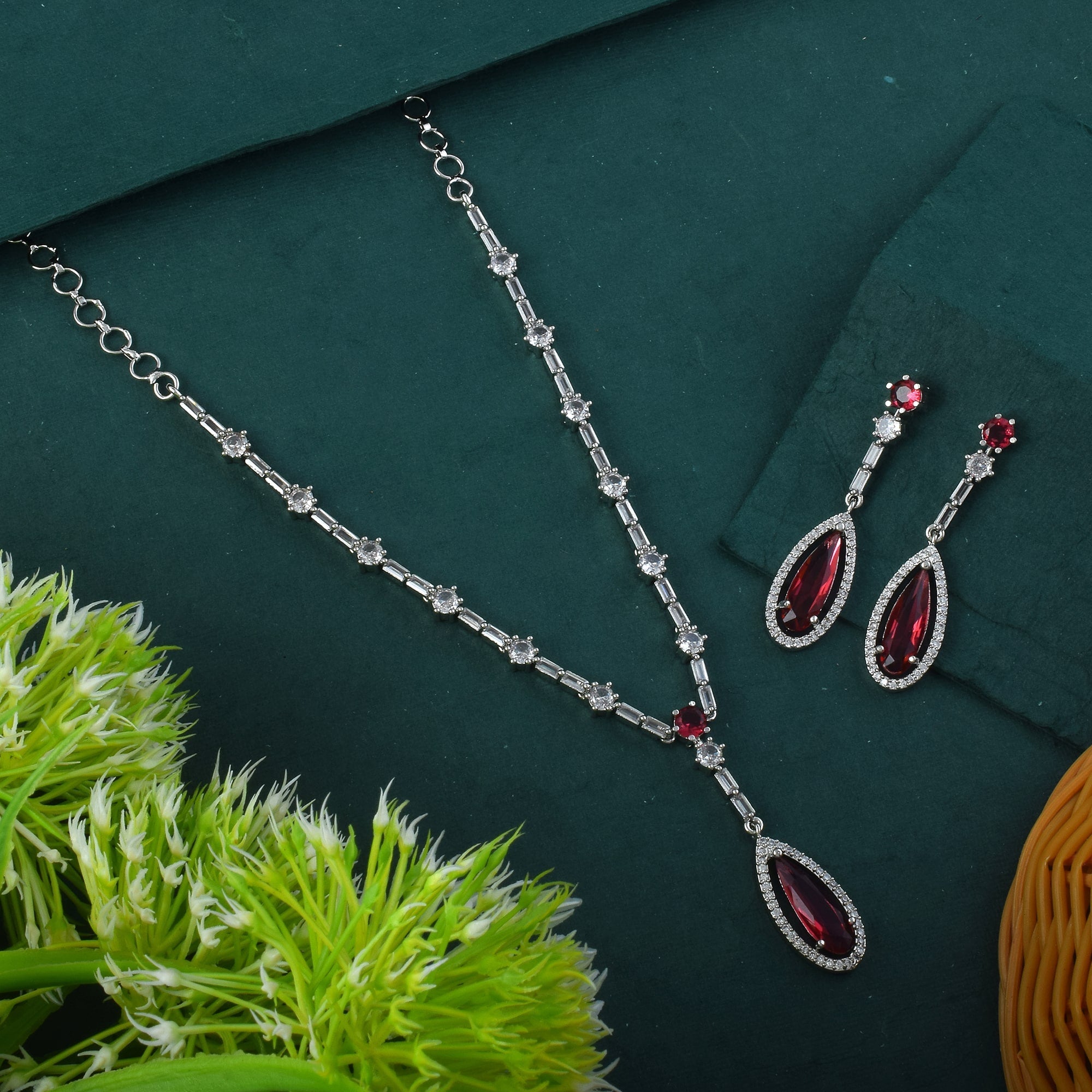 Ruby Color American Diamond Necklace Set With Floral Cluster Arrangement