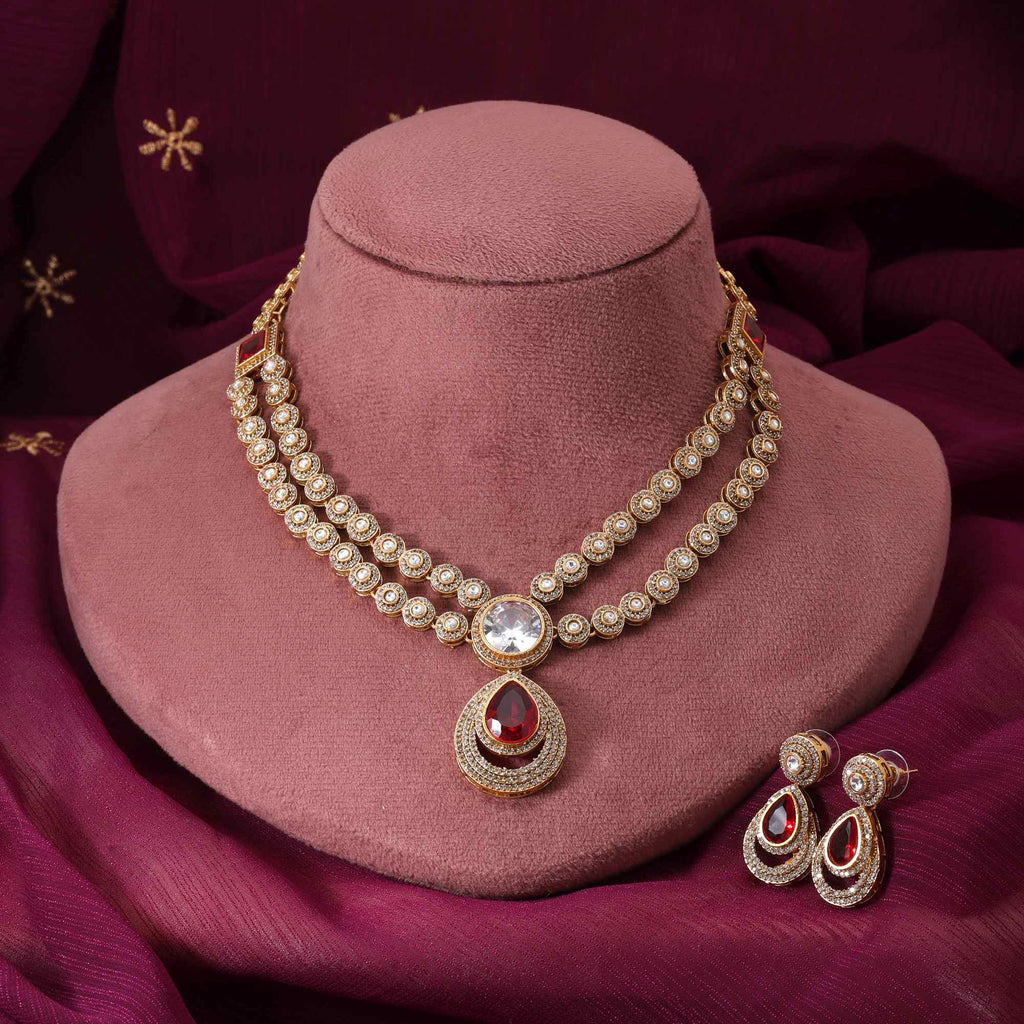 Red Color Beautiful Designer American Diamond Necklace Set For Party And Festive Look