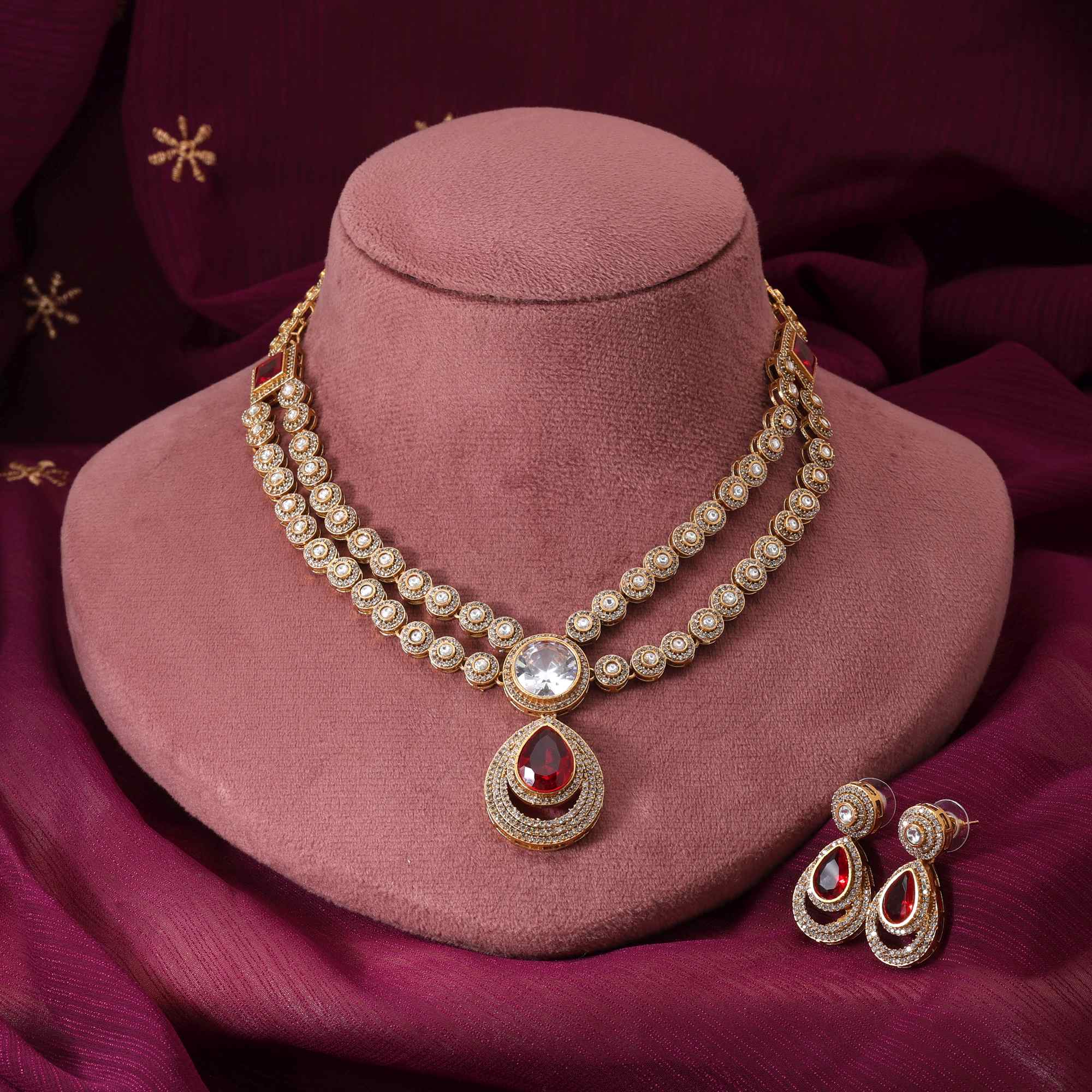 Red Color Beautiful Designer American Diamond Necklace Set For Party And Festive Look