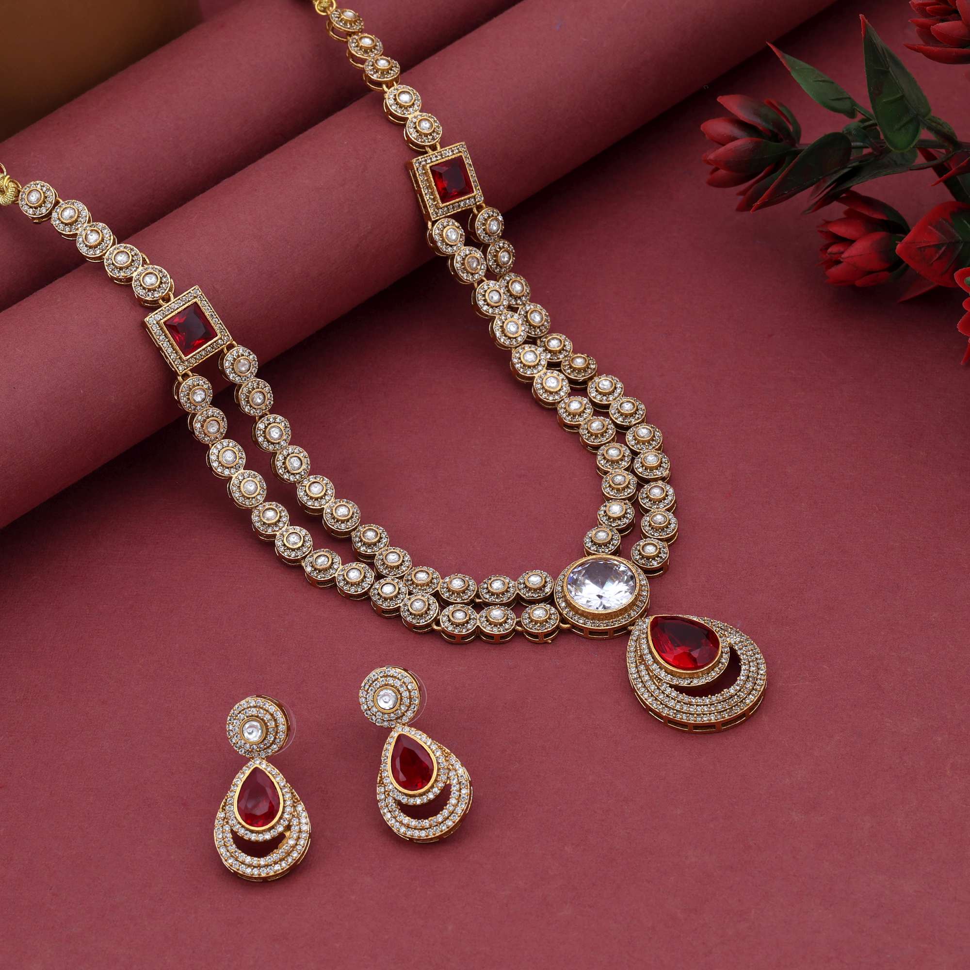 Red Color Beautiful Designer American Diamond Necklace Set For Party And Festive Look