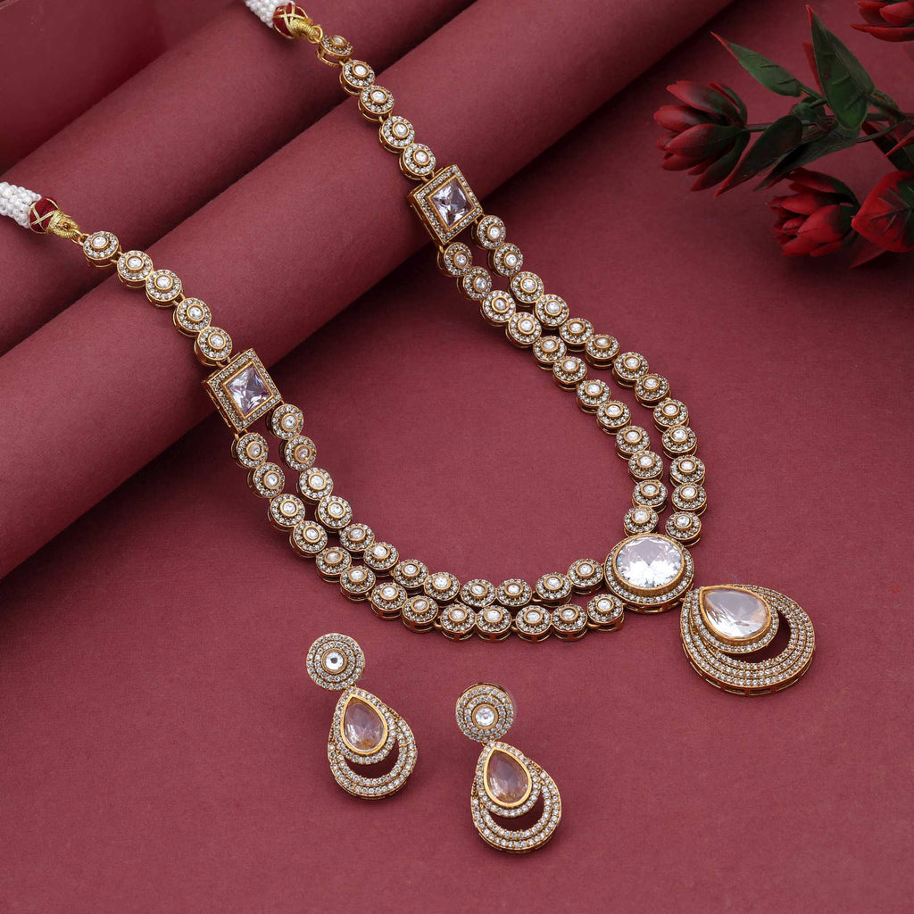 White Color Classic Sparkling American Diamond Necklace Set For Brides And Women