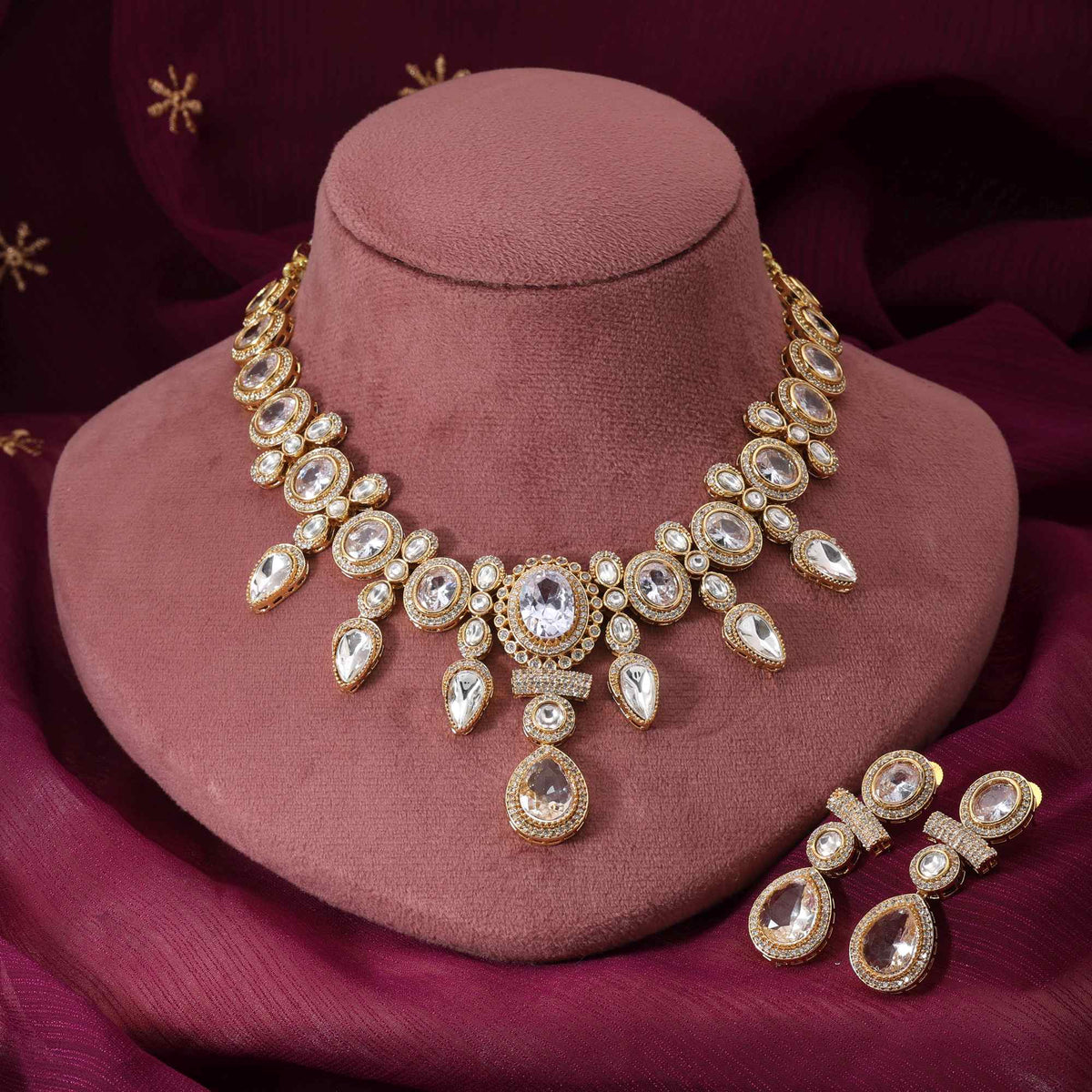 White Color Premium Bridal American Diamond Necklace Set For Wedding Celebrations
