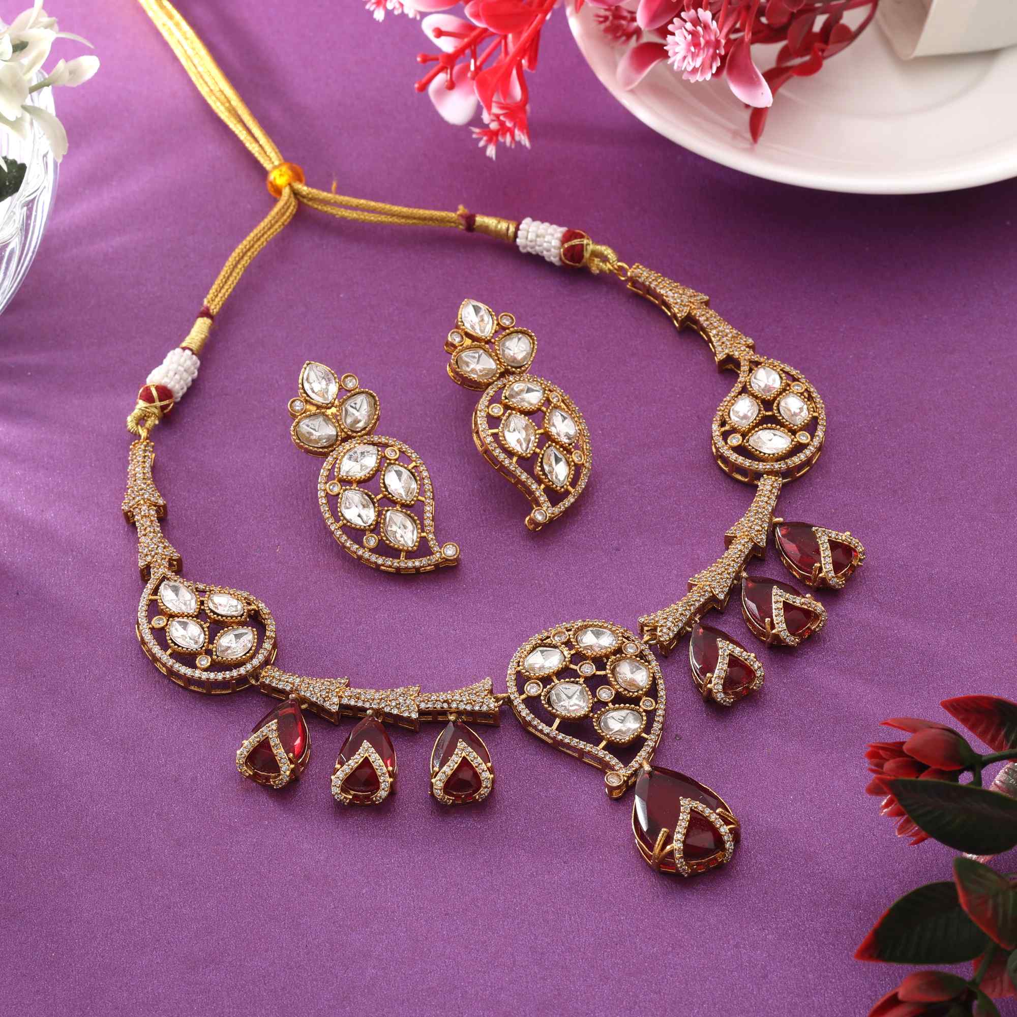 Rani Color Beautiful Party Wear American Diamond Necklace Set For Wedding Functions