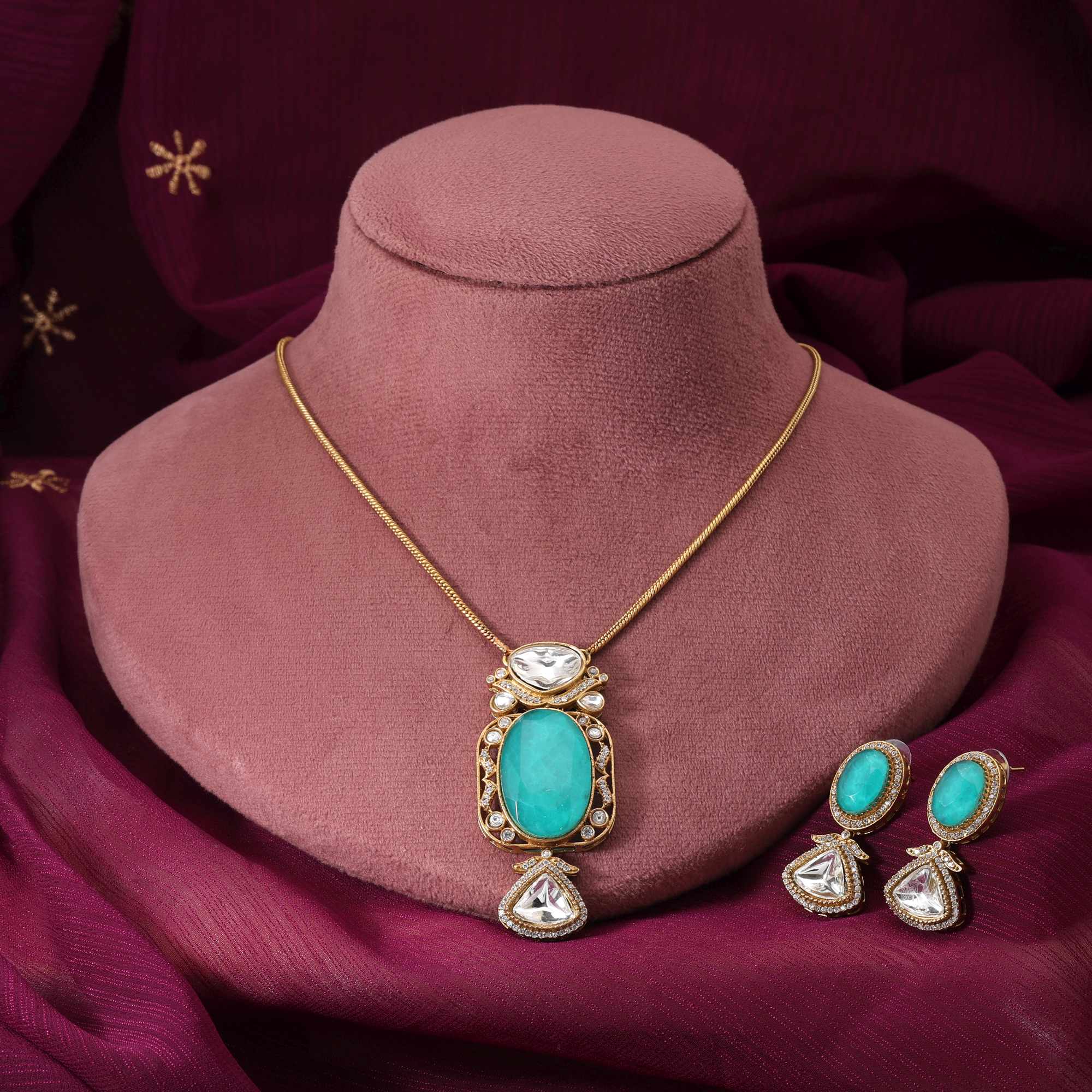 Light Green Color Classic Designer American Diamond Necklace Set For Festive Occasions