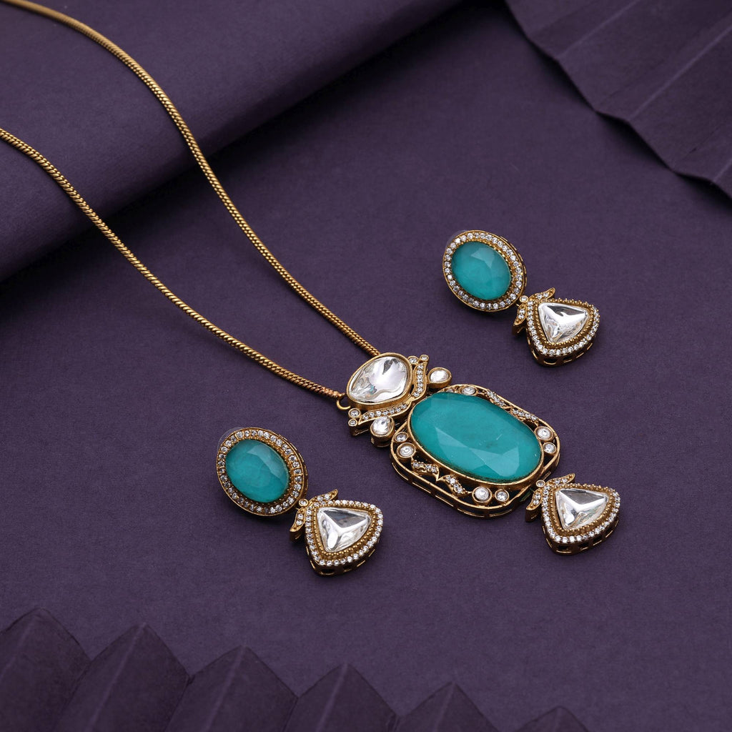 Light Green Color Classic Designer American Diamond Necklace Set For Festive Occasions