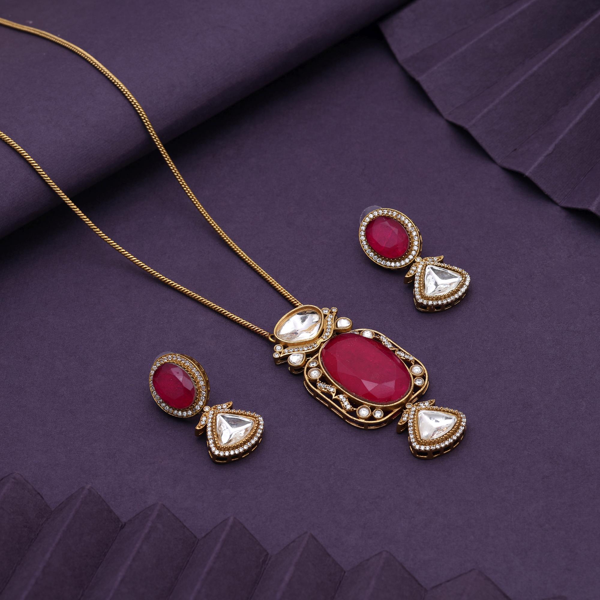 Rani Color Gorgeous Ethnic Look American Diamond Necklace Set For Brides And Women