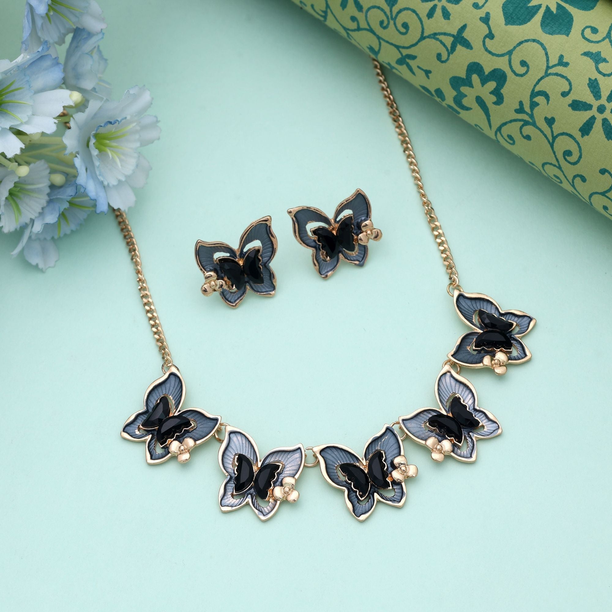 Black Color Butterfly Design Anti Tarnish Necklace Set Statement Style