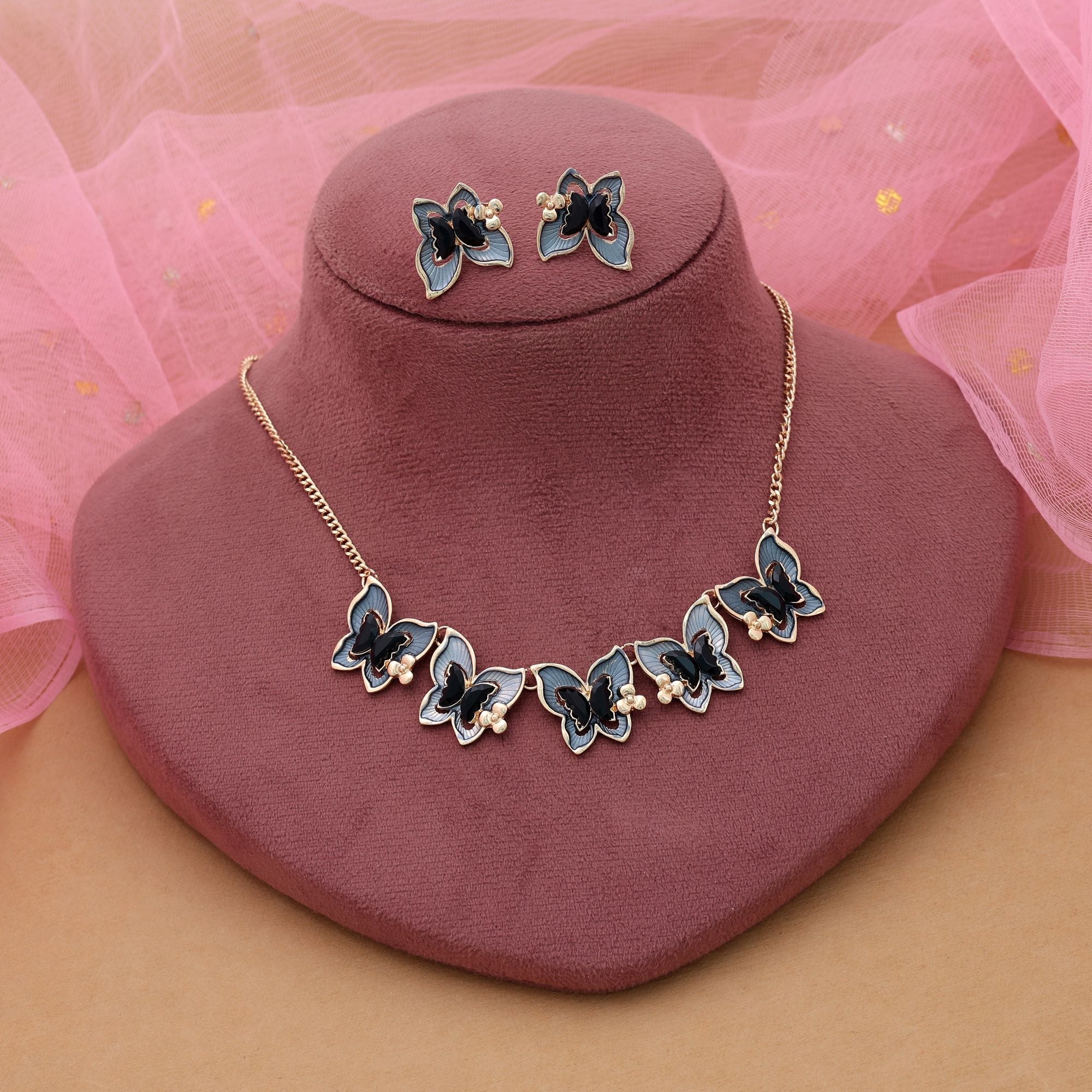 Black Color Butterfly Design Anti Tarnish Necklace Set Statement Style