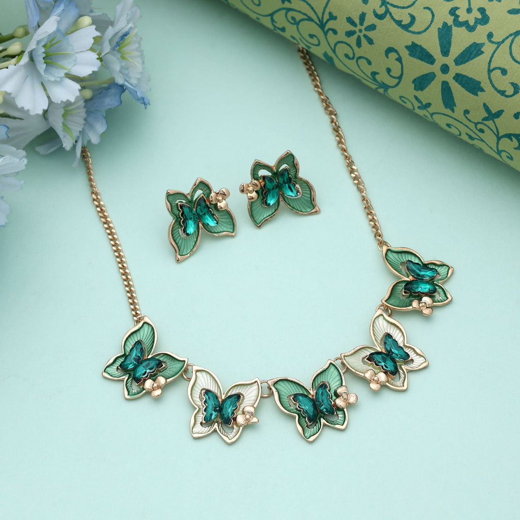Green Color Butterfly Design Anti Tarnish Necklace Set
