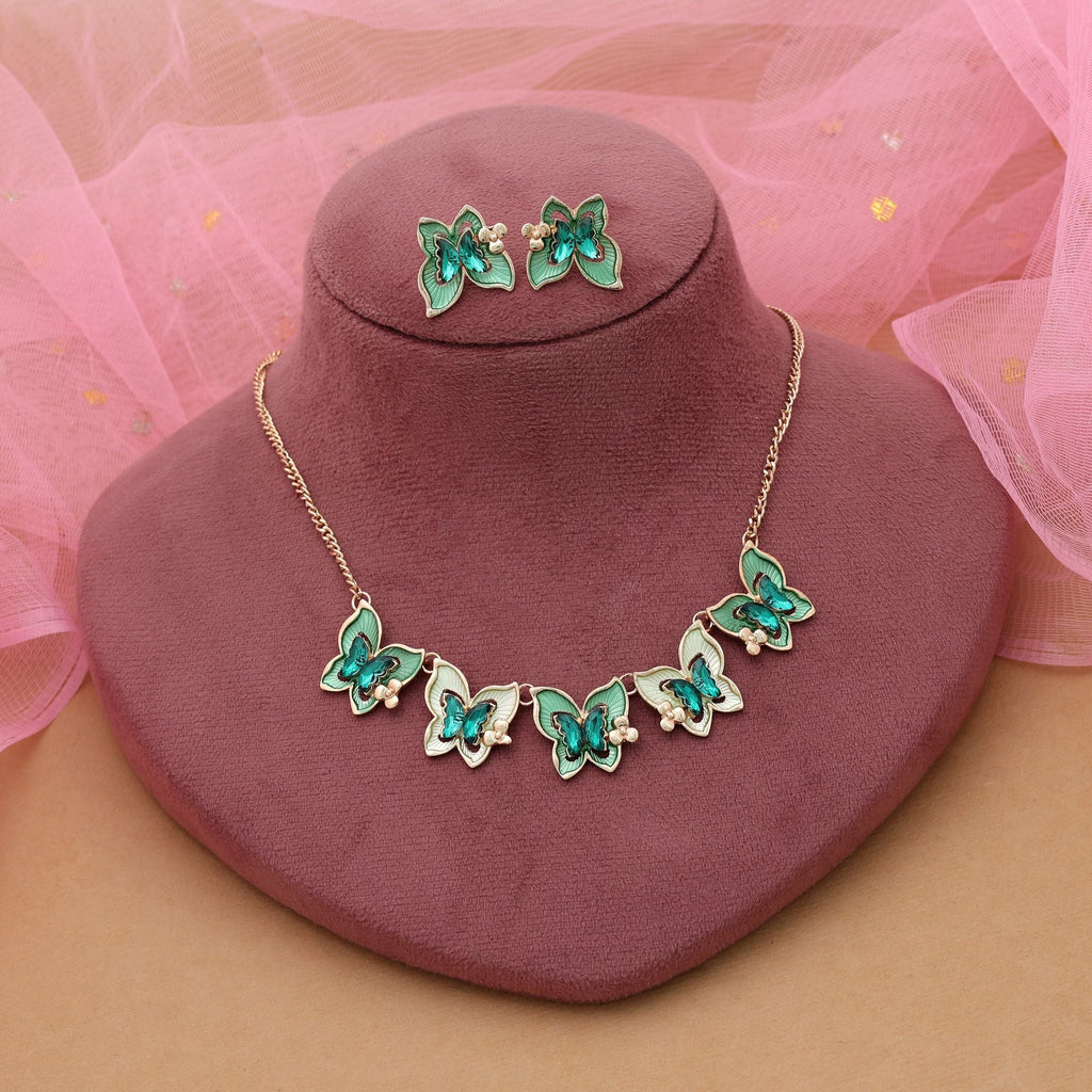 Green Color Butterfly Design Anti Tarnish Necklace Set