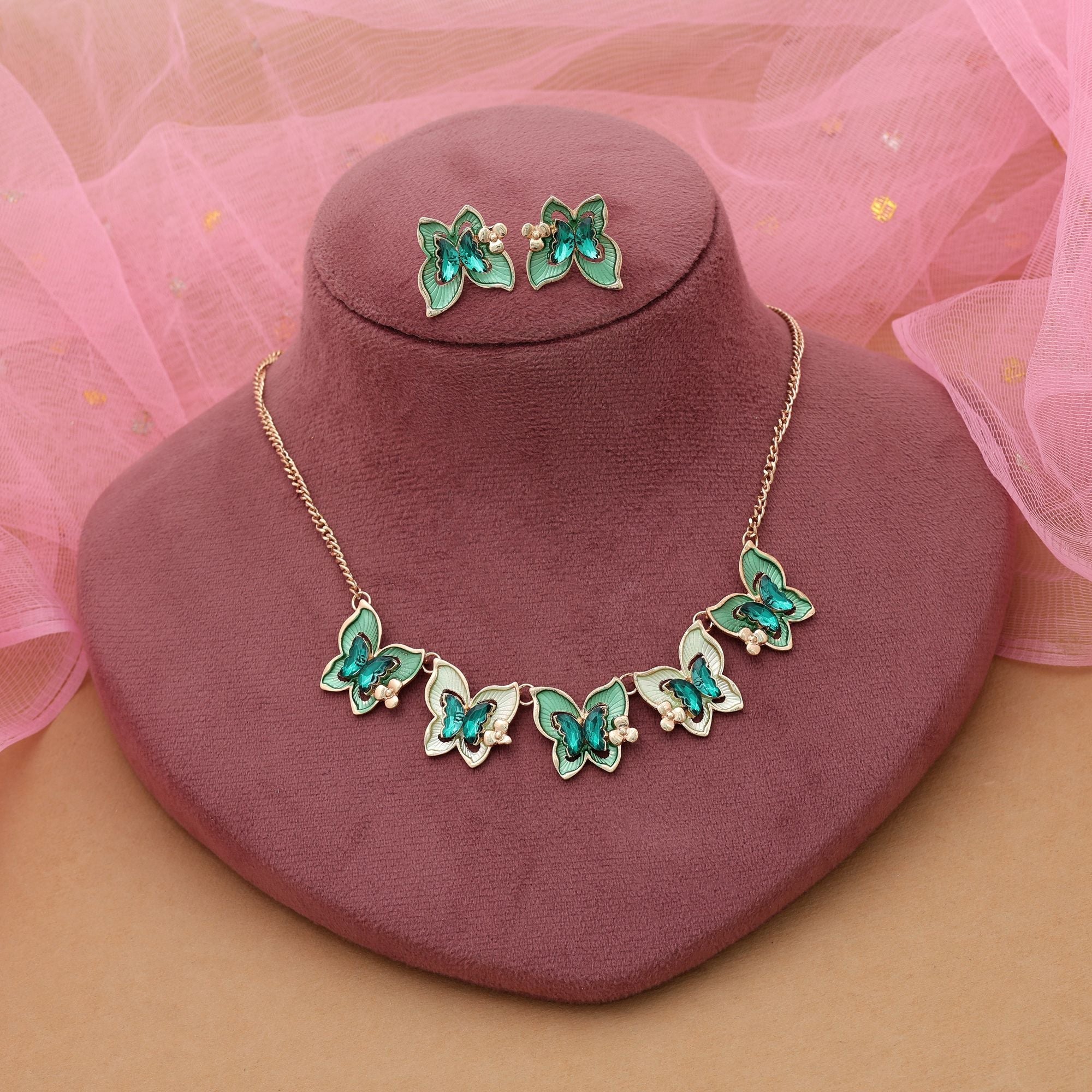 Green Color Butterfly Design Anti Tarnish Necklace Set