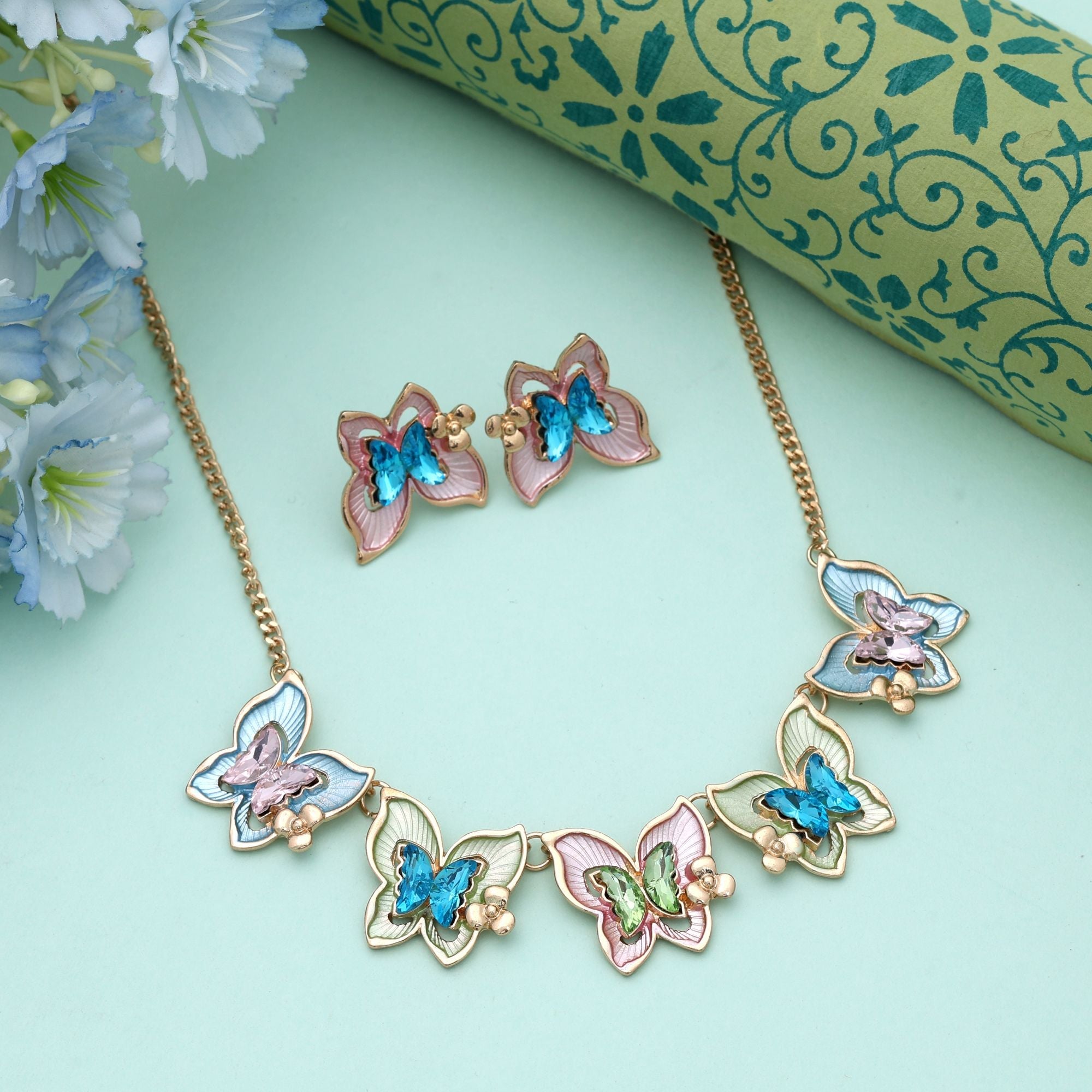 Multi Color Butterfly Design Anti Tarnish Necklace Set Festive Style