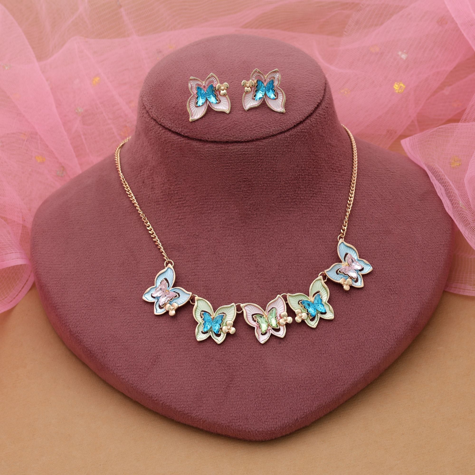 Multi Color Butterfly Design Anti Tarnish Necklace Set Festive Style