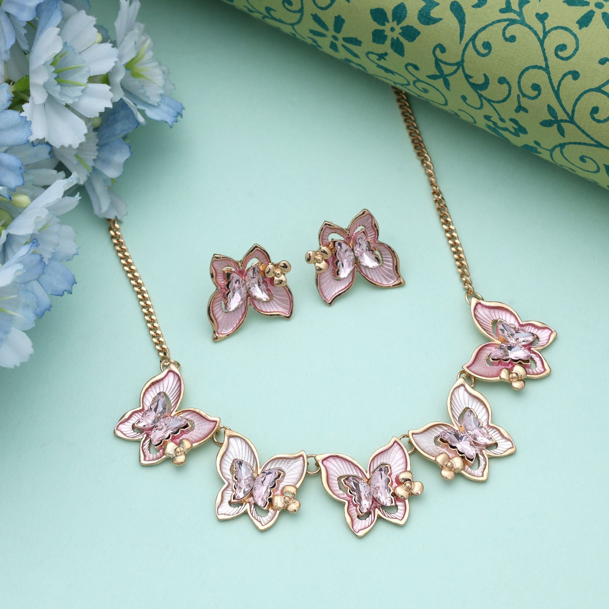 Pink Color Butterfly Design Anti Tarnish Necklace Set Stylish Fashion