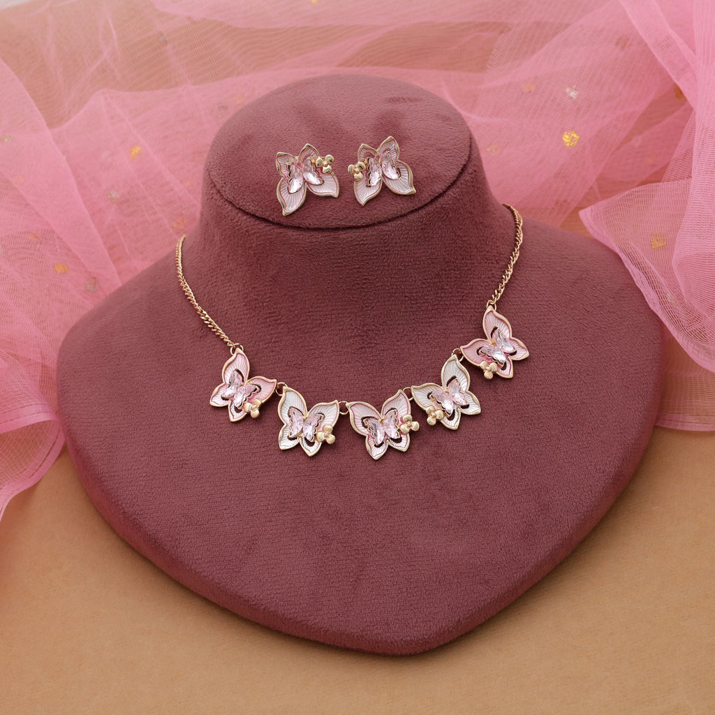 Pink Color Butterfly Design Anti Tarnish Necklace Set Stylish Fashion