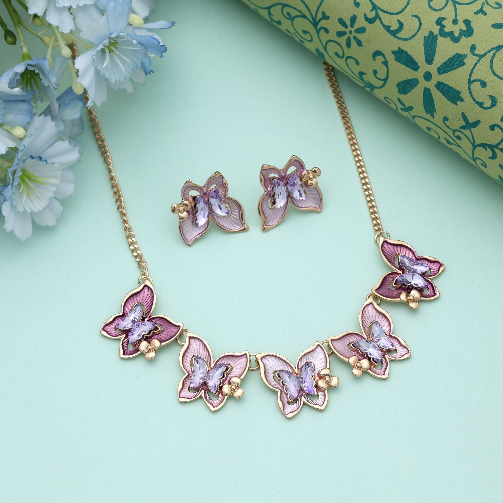 Purple Color Butterfly Design Anti Tarnish Necklace Set Party Wear