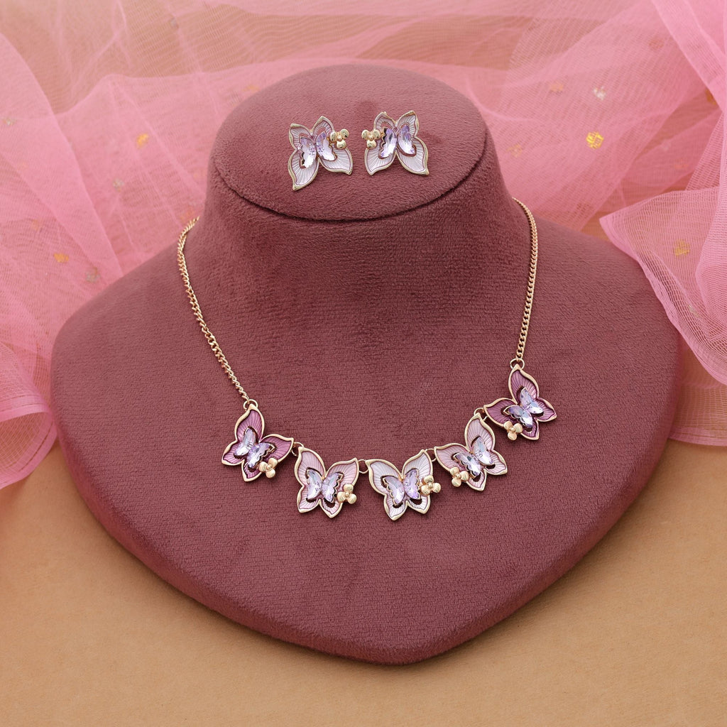 Purple Color Butterfly Design Anti Tarnish Necklace Set Party Wear