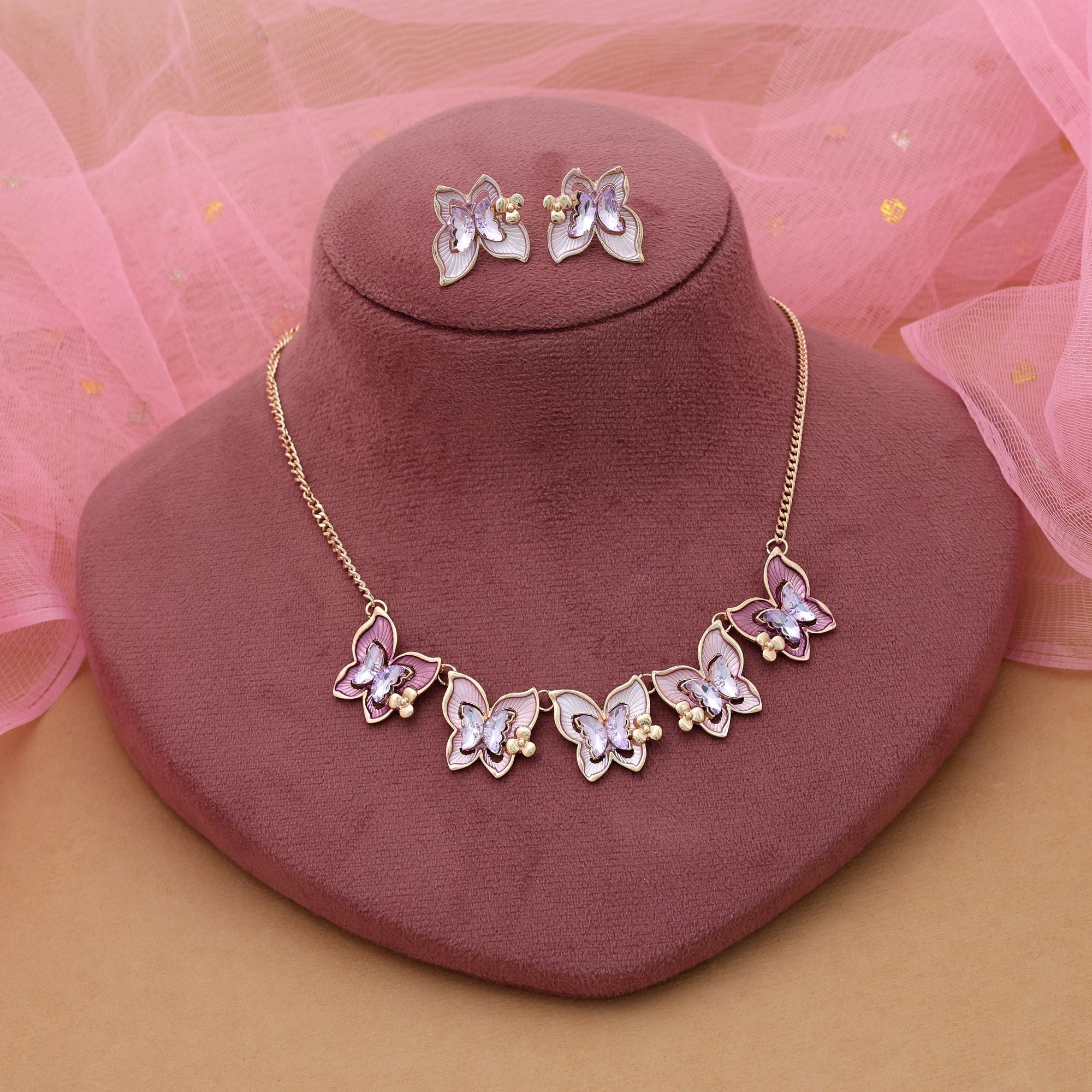 Purple Color Butterfly Design Anti Tarnish Necklace Set Party Wear