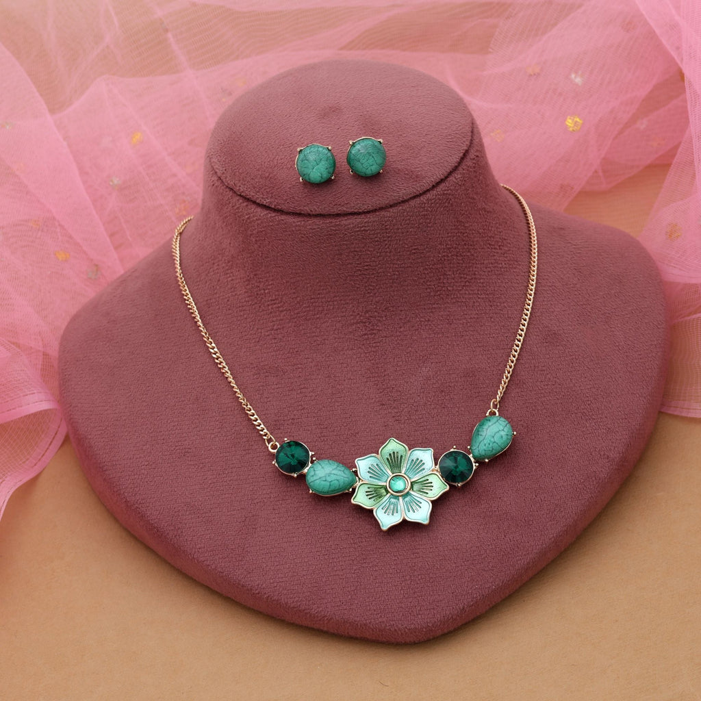 Green Color Flower Design Anti Tarnish Necklace Set Floral Style