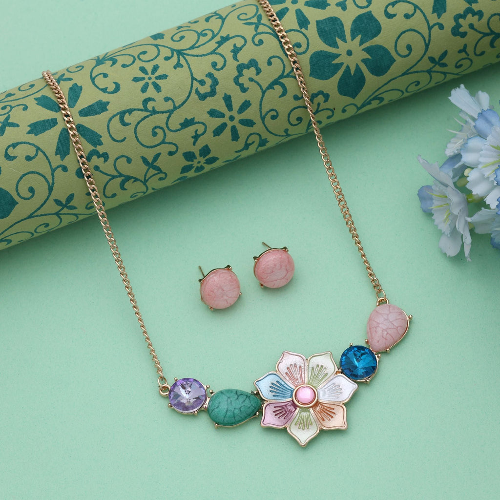 Multi Color Flower Design Anti Tarnish Necklace Set Ethnic Style