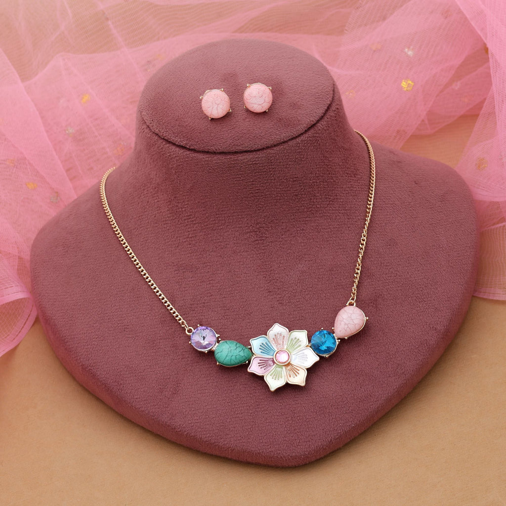 Multi Color Flower Design Anti Tarnish Necklace Set Ethnic Style