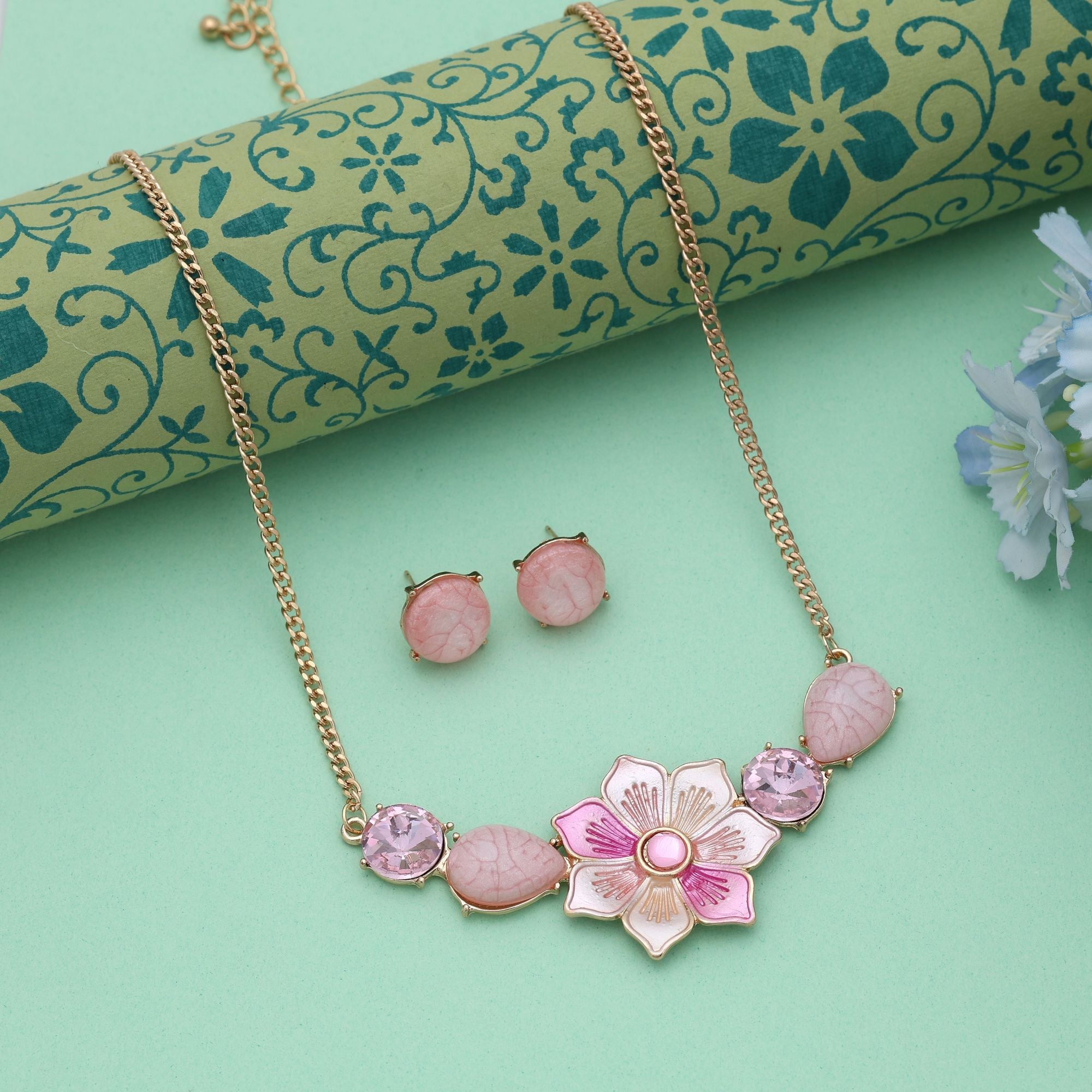 Pink Color Flower Design Anti Tarnish Necklace Set Elegant Floral