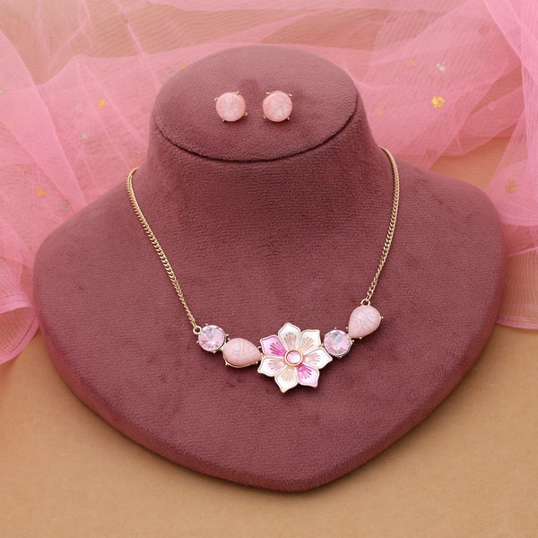 Pink Color Flower Design Anti Tarnish Necklace Set Elegant Floral