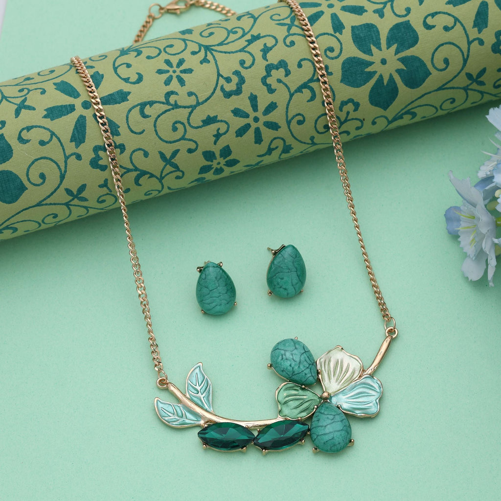Green Color Flower Design Anti Tarnish Necklace Set Festive Look