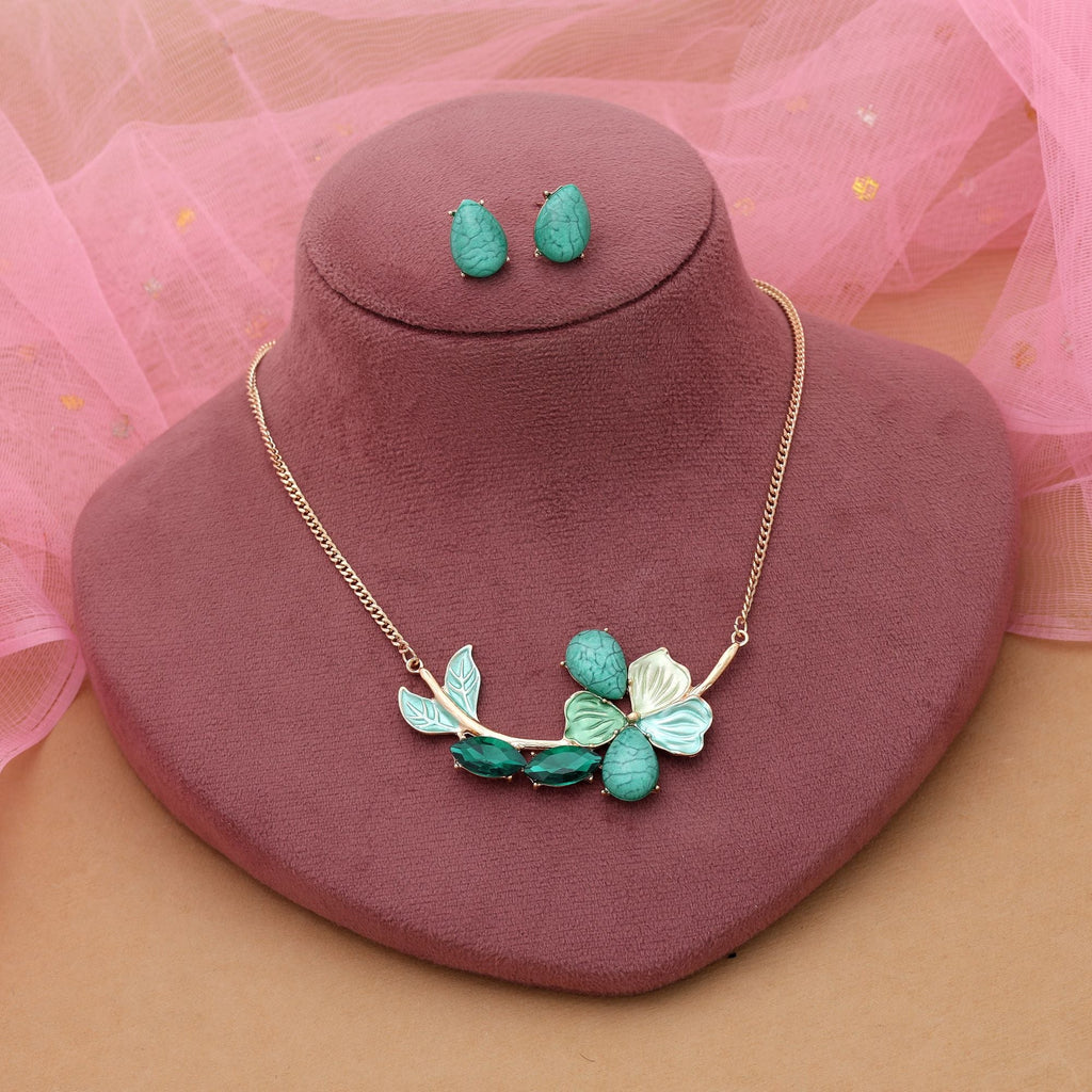 Green Color Flower Design Anti Tarnish Necklace Set Festive Look