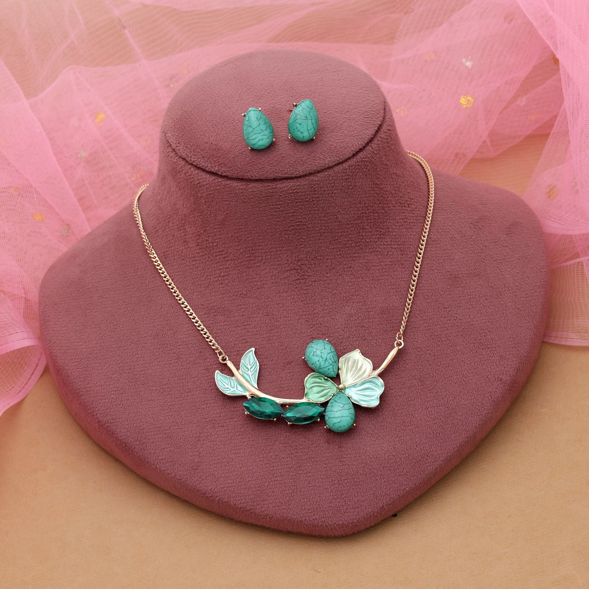 Green Color Flower Design Anti Tarnish Necklace Set Festive Look