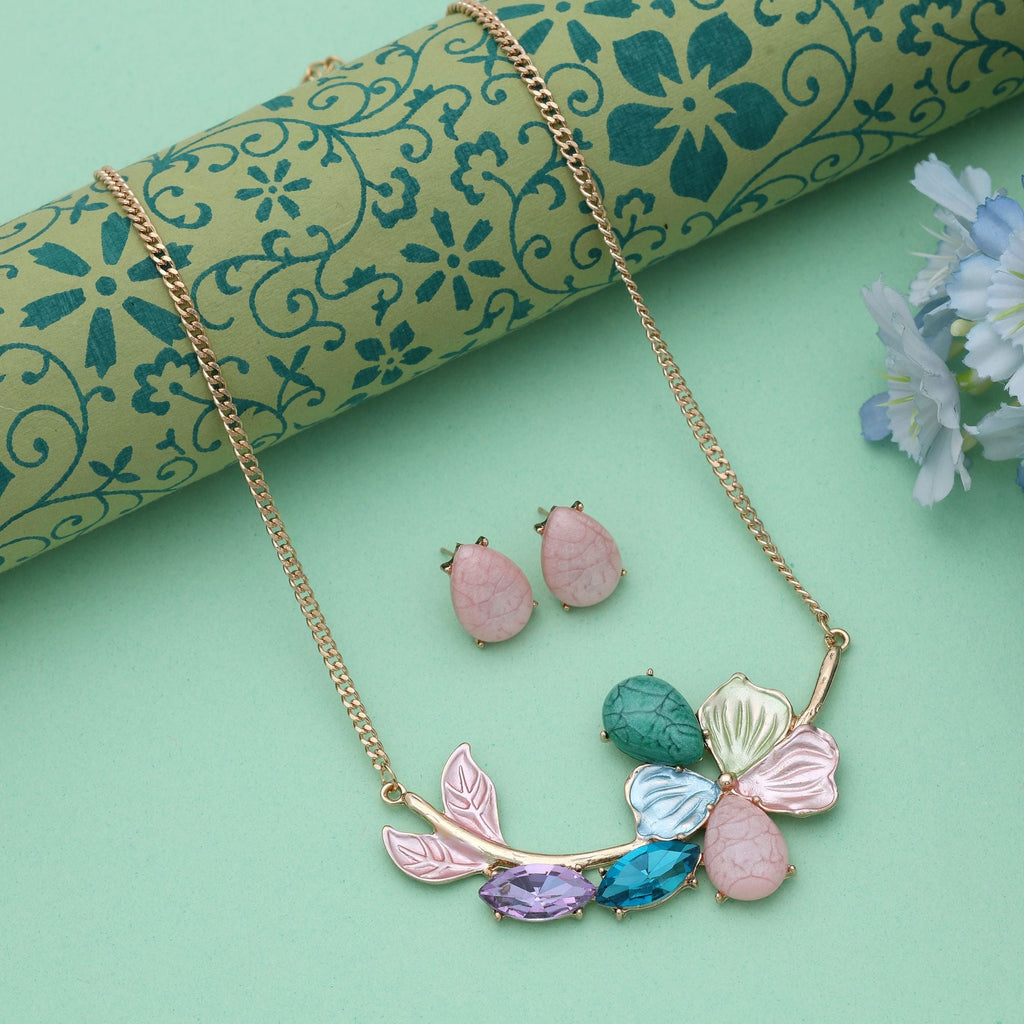 Multi Color Flower Design Anti Tarnish Necklace Set Artistic Floral
